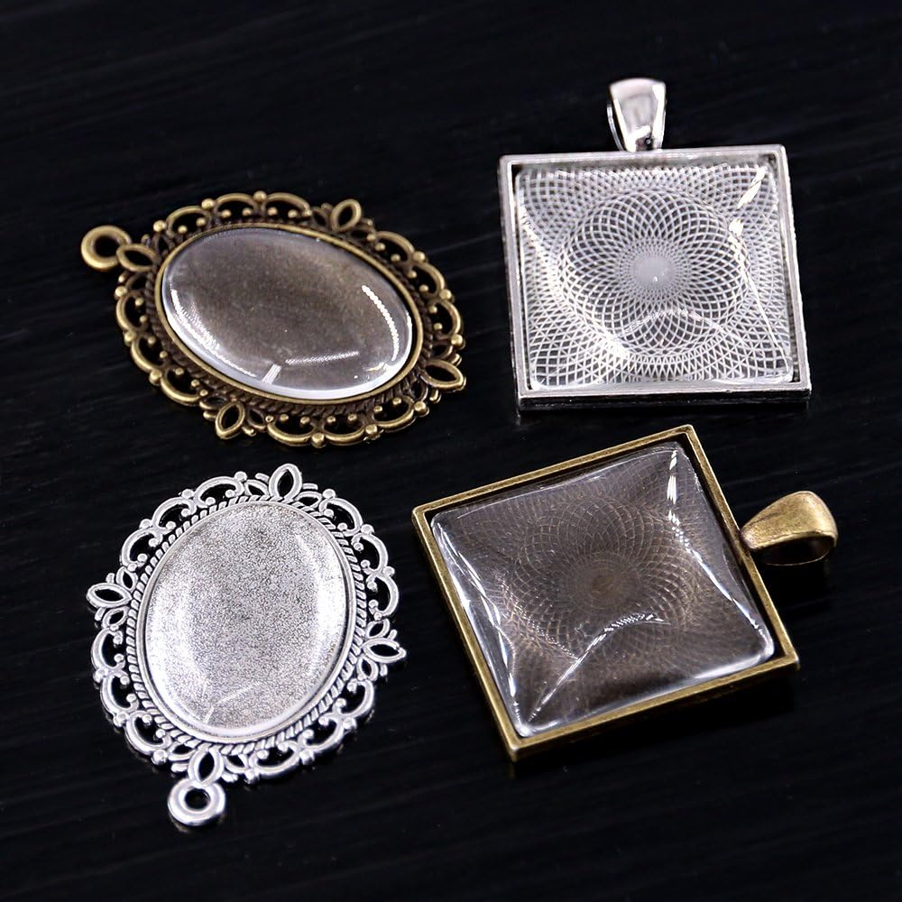 Glarks 48-Pieces Oval and Square Pendant Trays with Glass Cabochon Dome Tiles Clear Cameo for Crafting DIY Jewelry Making, 24 Sets image number 2