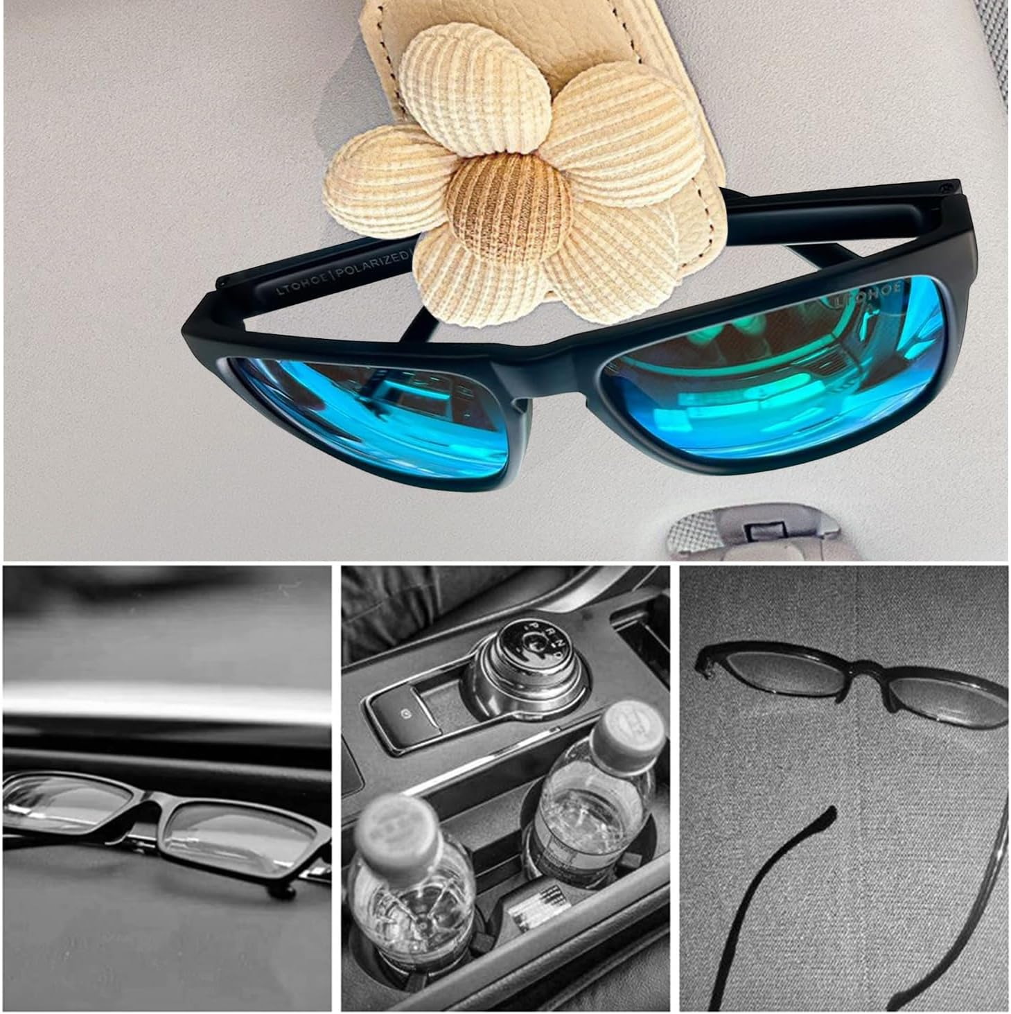 2 Pack Flower-Shaped Sunglass Holder for Car Visor &ndash; Beige Magnetic Leather Glasses Clip, Eyeglass Holder & Ticket Card Organizer, Universal Car Interior Accessory image number 5
