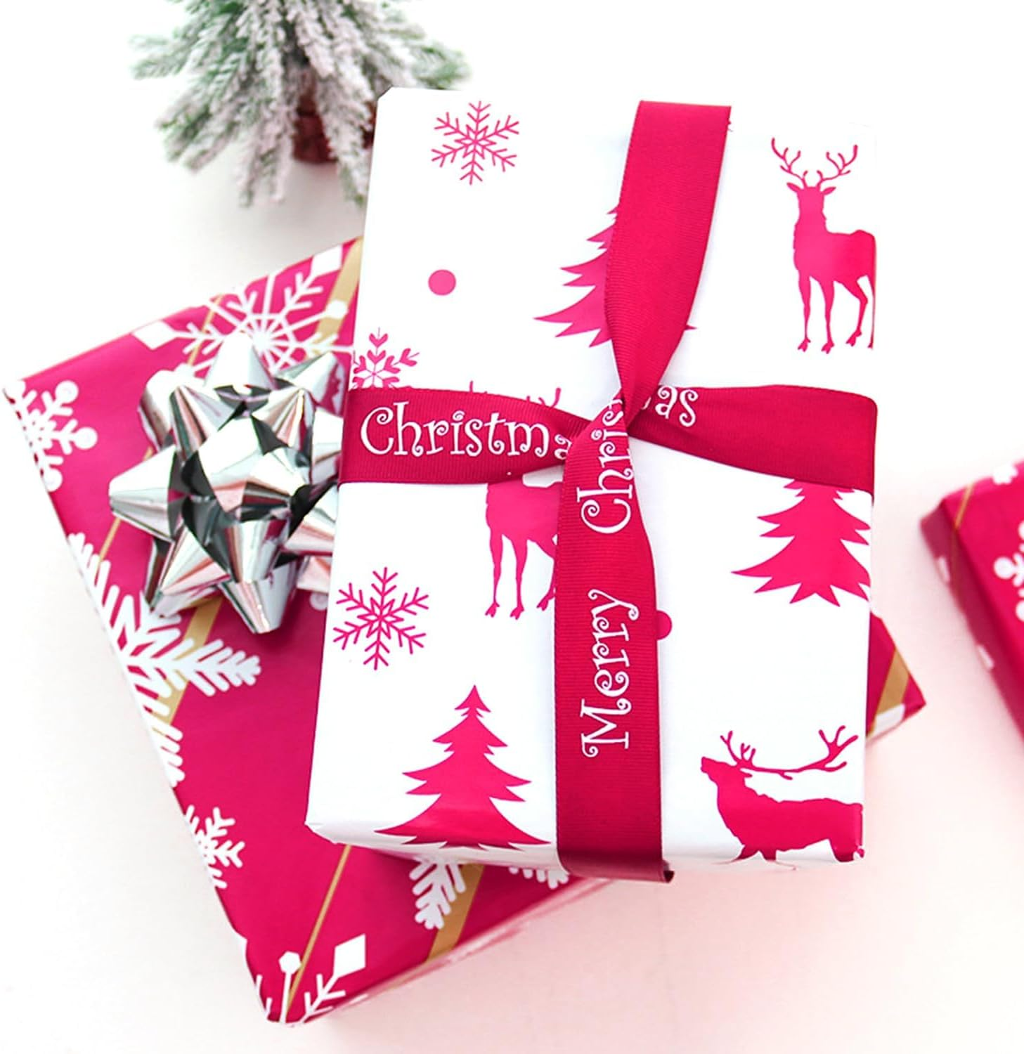 17 Inch X 33 Feet Reversible Christmas Wrapping Paper|Christmas Decorations|Mini Roll Red White Snowflakes for Chrsitmas, Holiday, Party Celebration by H HOME-MART image number 5