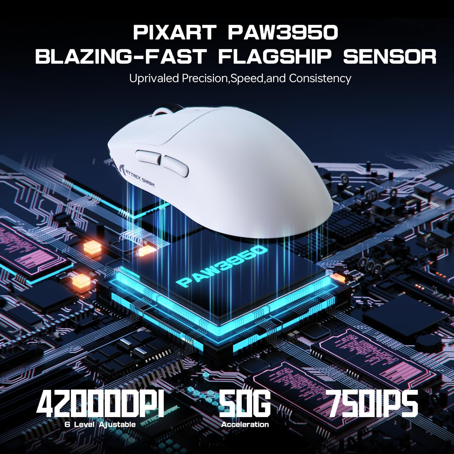 ATTACK SHARK X3MAX Wireless Gaming Mouse,Pixart PAW3950 Gaming Sensor,Up to 42K DPI,100 Million Micro,49G Lightweight Tri-Mode(Bt5.2/2.4Ghz/Wired) Mice with Coiled Cable-White image number 7