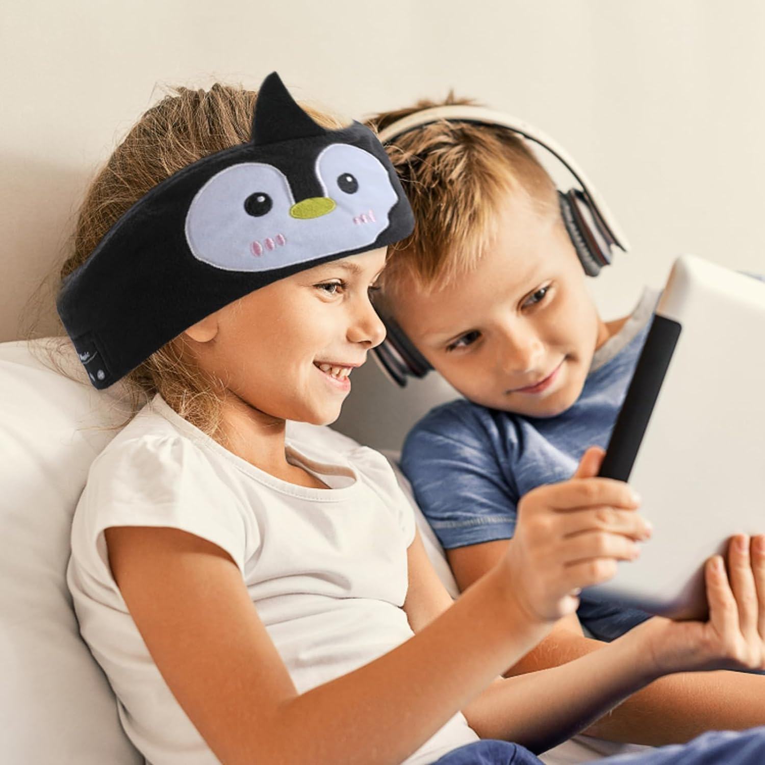 Kids Wireless Headphones Headband, Earphones for Children, Bandeau Toddler Headphones with Thin Speakers & Super Soft Headband (Penguin)