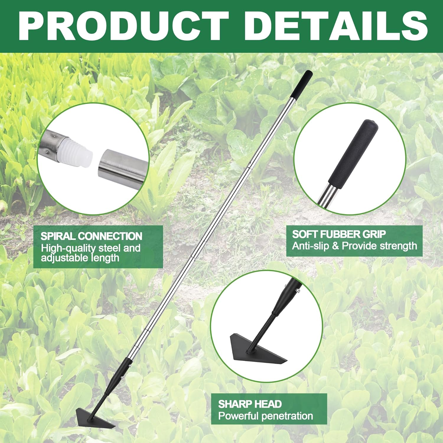 Triangle Garden Hoe, Carbon Steel Push-Pull Weeding Tool, Equipped with 57.5" Stainless Steel Long Handle &ndash; a Long-Handle Weeder for Digging, Weeding, Hoeing and Loosening Soil image number 3