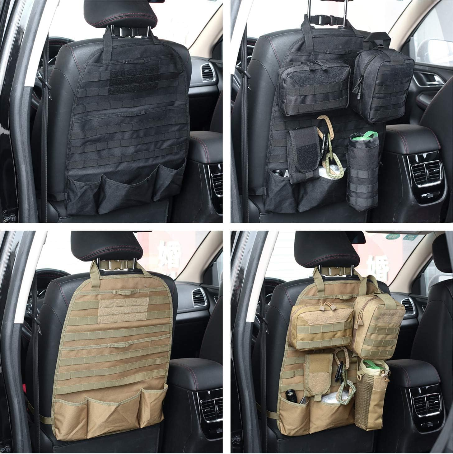 Tacticool Car Seat Back Organizer - Upgraded Tactical Molle Vehicle Panel Universal Fit Car Seat Cover Protector with Extra USA Flag Patch (2 Pack Black)