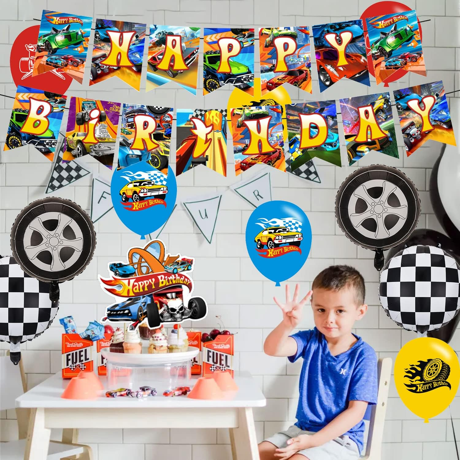 Race Car Birthday Party Decorations ,Hot Race Car Birthday Party Favor with Banner, Ballons,Cake Topper,Tablecover, Cupcake Toppers for Boys Girls Baby of Race Car Party Supplies image number 1
