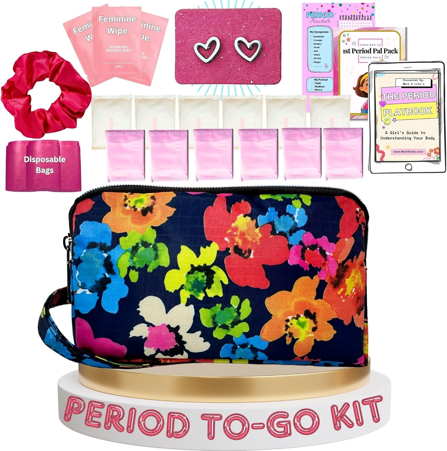 First Period Pal Pack To-Go Kit | 26 Pcs | First Period Kit for Tweens | Teen Period Kit| Discrete Period Bag, Pads, Panty Liners, Period Kits for Tweens 10-12 (Florets)