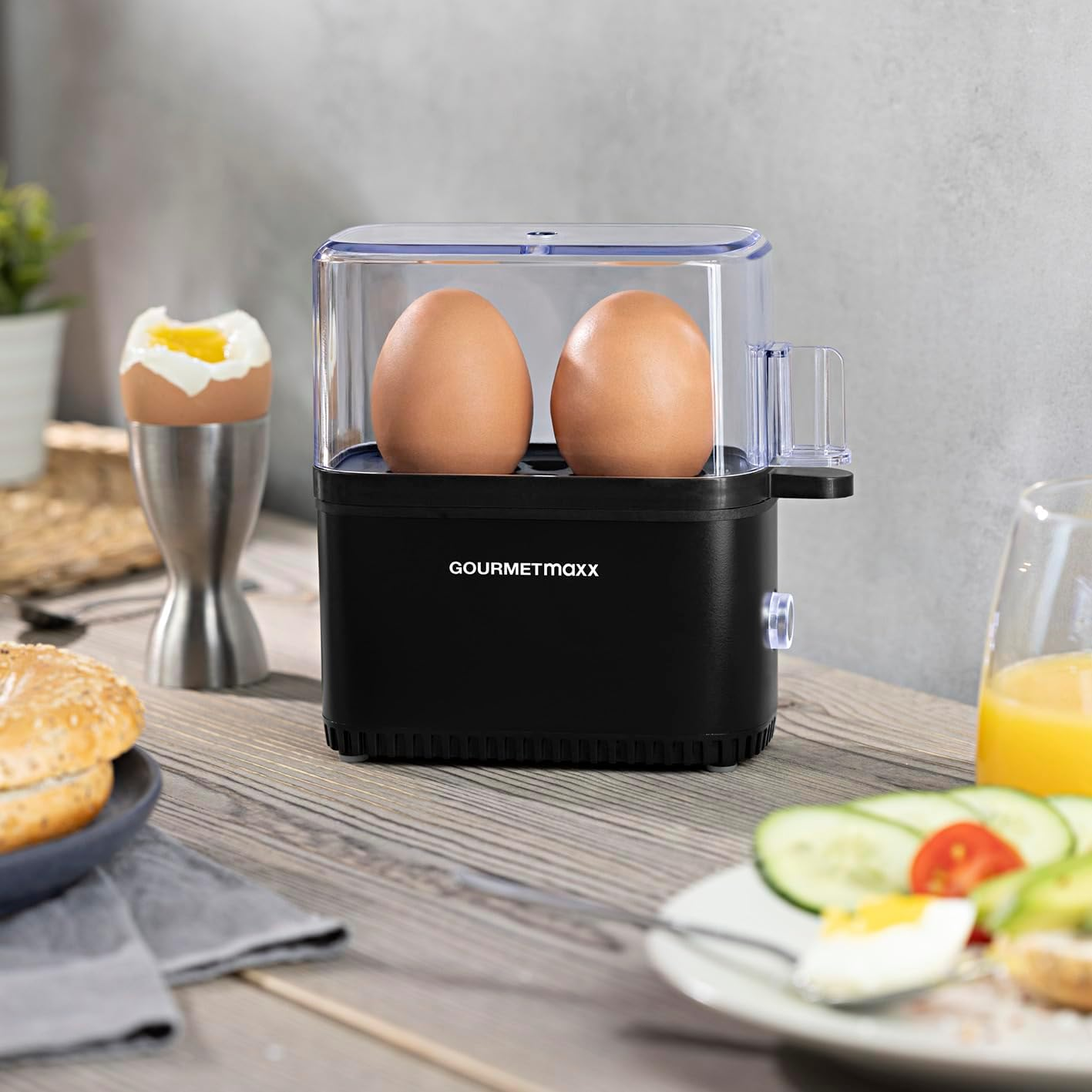 Gourmetmaxx Design Egg Cooker for 2 Eggs, with Egg Picker, Measuring Cup and Signal Sound, Compact Egg Cooker, 3 Degrees of Hardness, Easy Cleaning and Dishwasher Safe Parts image number 2