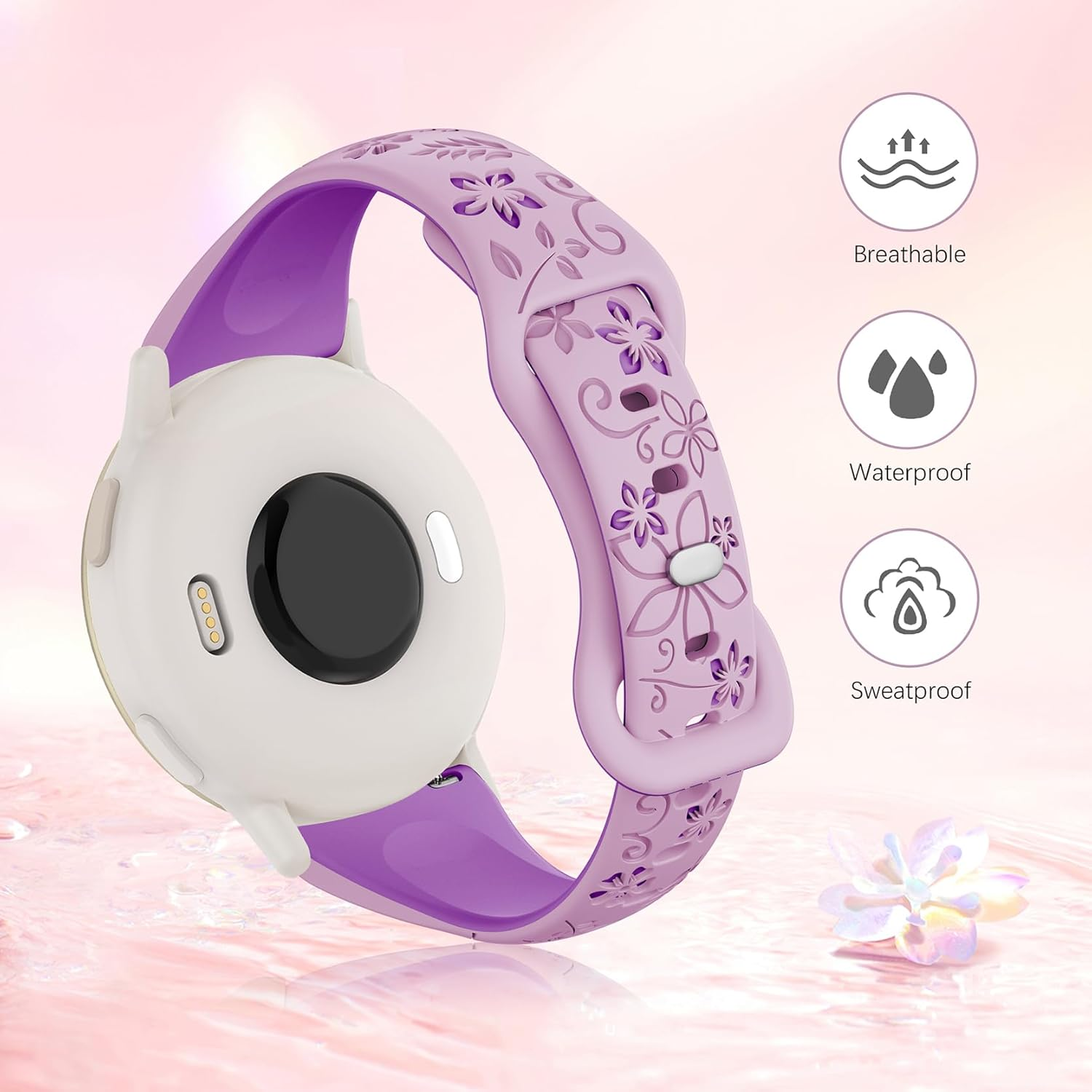 20Mm Floral Engraved Band Compatible with Garmin Vivoactive 5 Watch Band/Vivoactive 6/3/3 Music/Venu Sq 2/Venu/Venu Sq, Soft Slim Silicone Cute Embossed Strap for Forerunner 55/165/245/645 image number 2