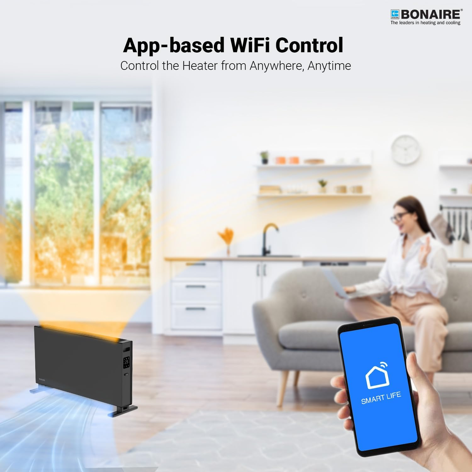 Bonaire Portable Electric Convection Heater 2400W for Home Bedroom Indoor Office with Smart Wi Fi Touchscreen Display, Antifrost Function, Slim Design Freestanding Space Heater, Black image number 6