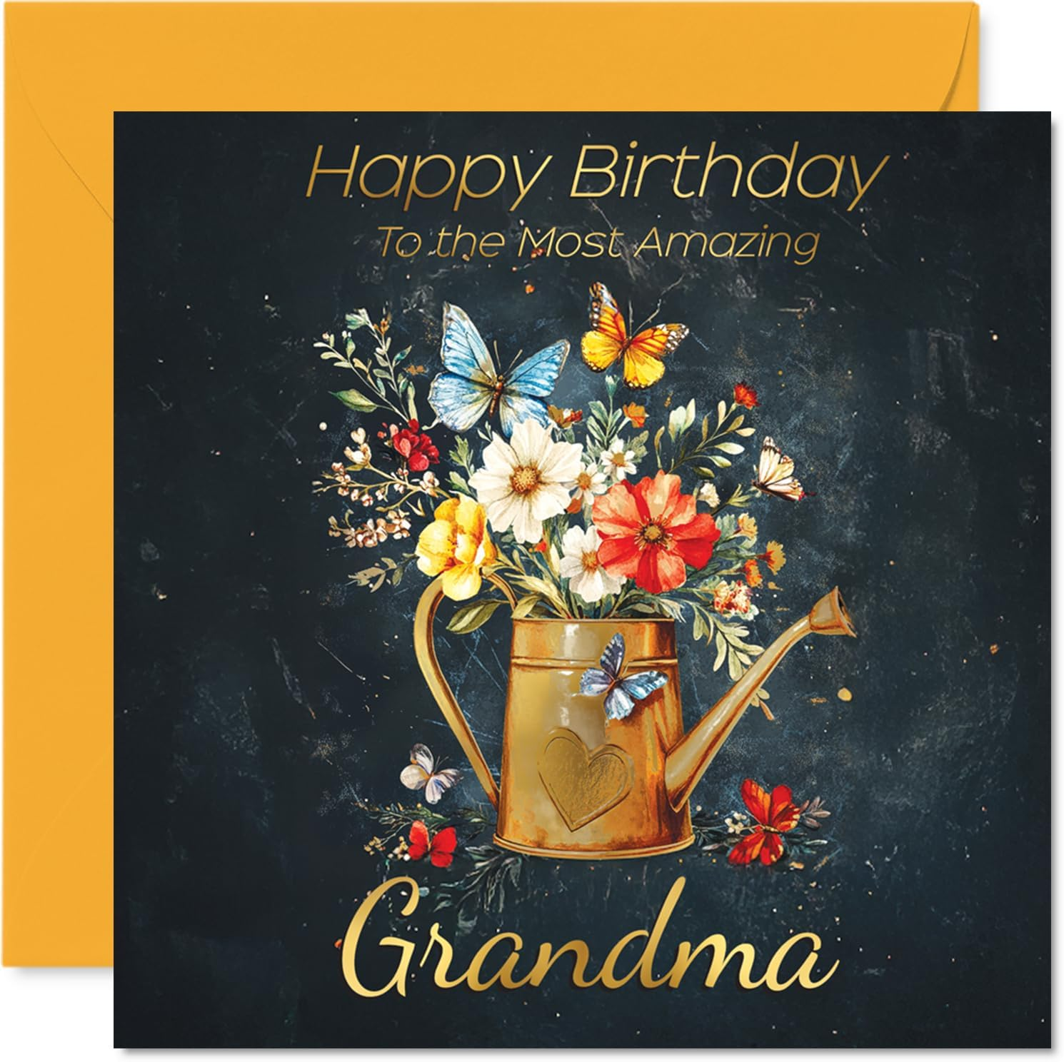 Gold Nana Birthday Card - Watering Can Flowers - Happy Birthday Card for Nana from Grandson Granddaughter, 145Mm Golden Floral Garden Greeting Cards