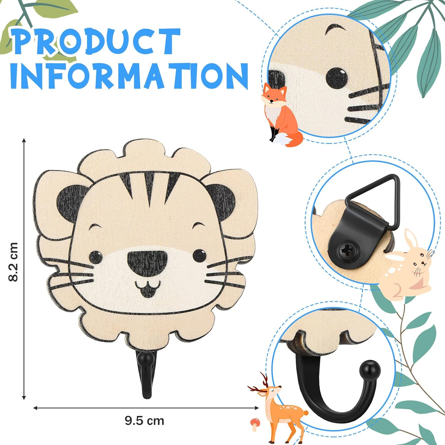 Qunclay 4 Pcs Safari Animal Decorative Wall Hooks Kids Wooden Jungle Baby Nursery Hooks Cute Towel Hanger for Childs Nursery Bathroom Bedroom Home Decor(Safari Animal) image number 5