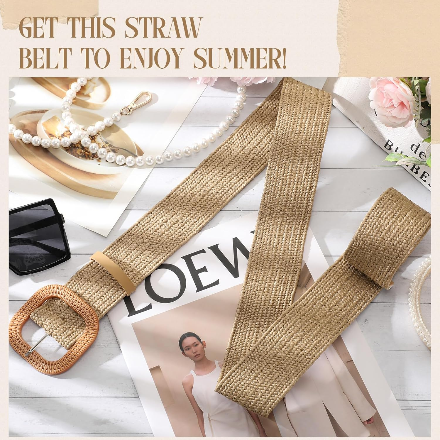 Syhood Women Straw Woven Belt Elastic Rattan Waist Belt Stretch Boho Dress Braided Belt Raffia Belt with Wood Buckle for Girl - Purple image number 7
