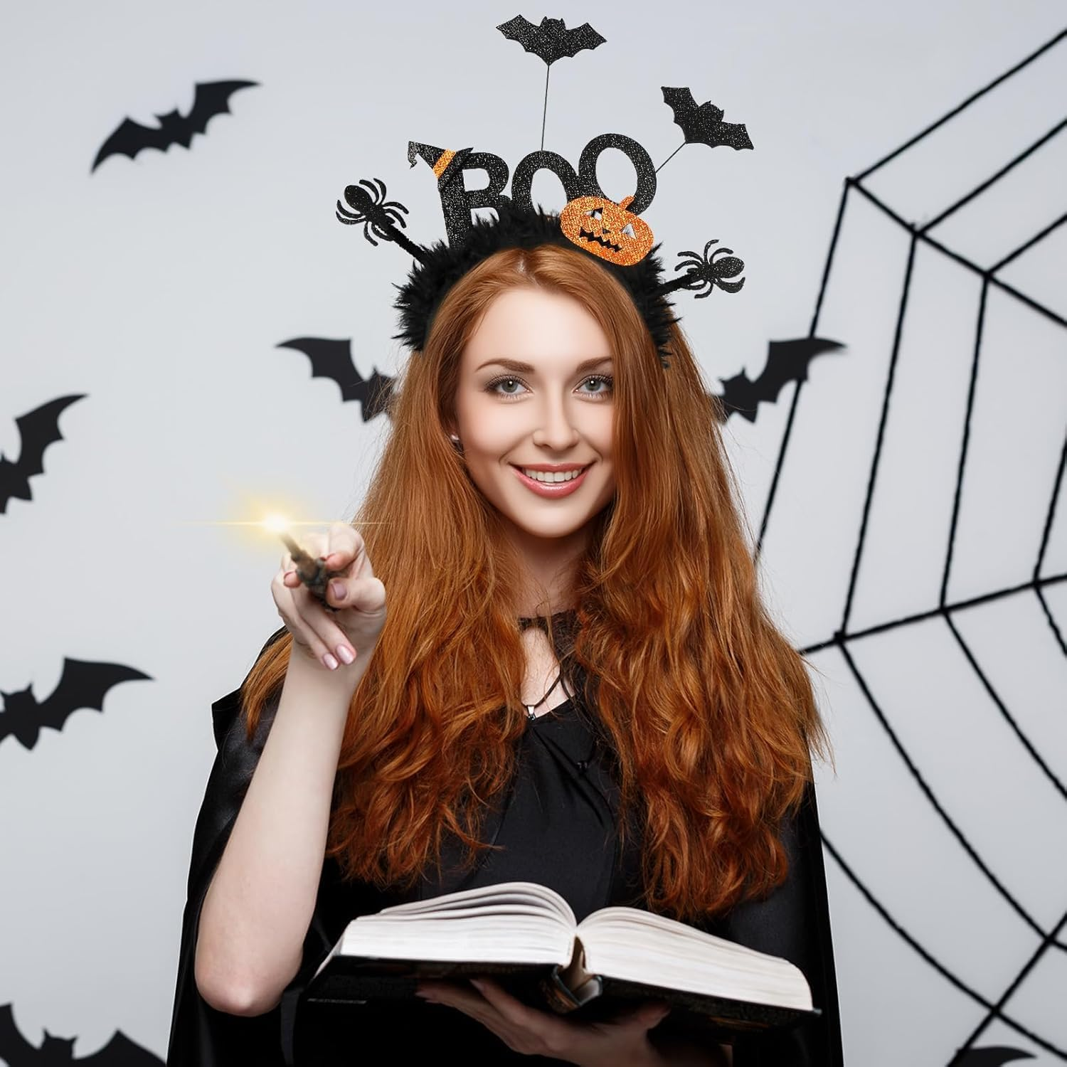 Halloween Bat Headband - Glitter BOO Headband with Adjustable Bats, Pumpkins & Witch Hat - Elastic Spooky Hair Hoop for Women, Kids & Adults - Halloween Party, Cosplay & Costume Accessories image number 6