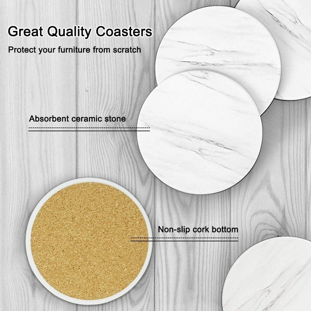 CULOTOL Set of 8 Coasters for Drinks,Absorbent Marble Style Ceramic Drink Coaster with Holder for Coffee Wooden Table White Home Decor,Coasters for Dining Table image number 5