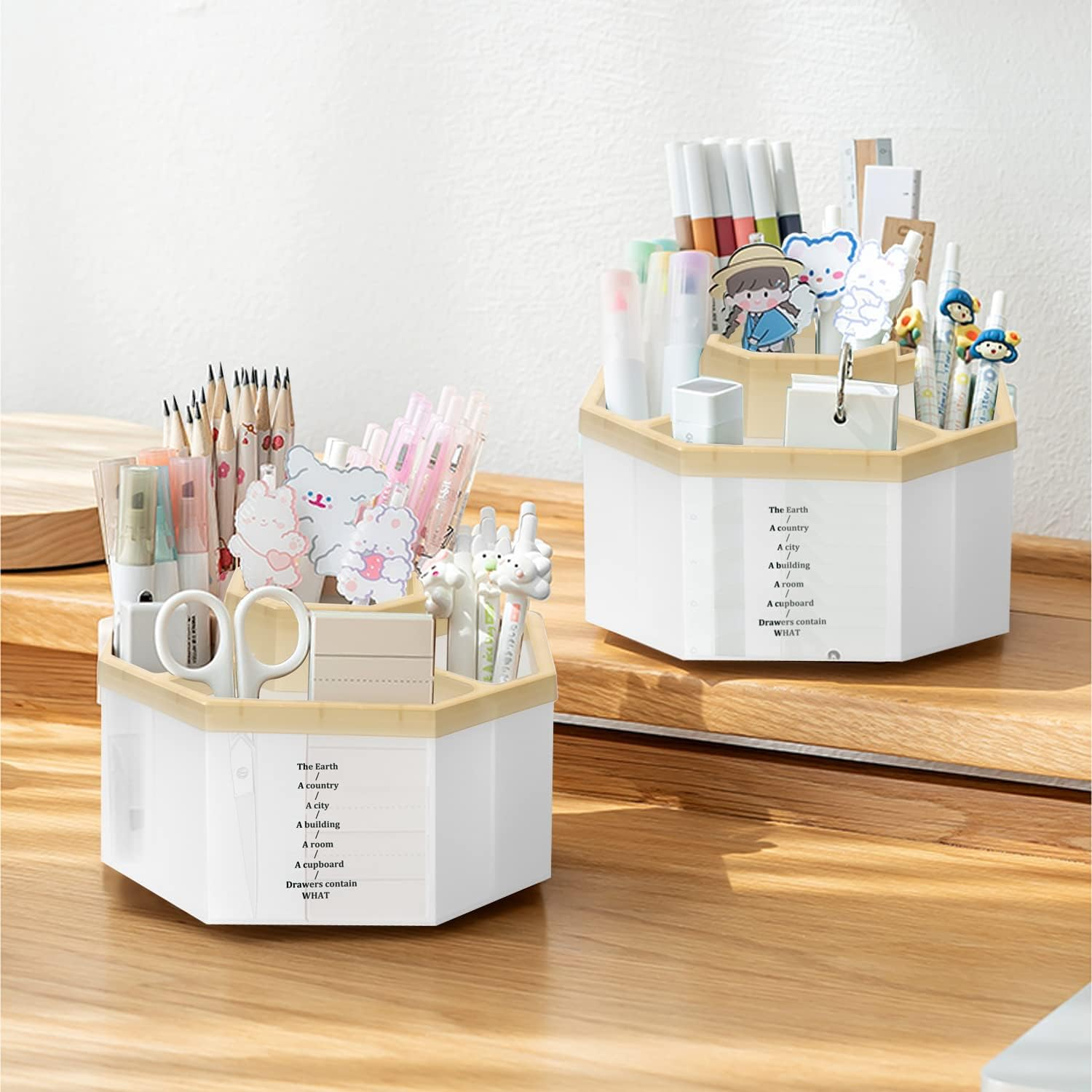 Desk Organizer, 360-Degree Rotating Multi-Functional Pen Holder, 5 Compartments Desktop Stationary Home Office Art Supply Storage Box Caddy ,Transparent Khaki TB2659 - Pink image number 6