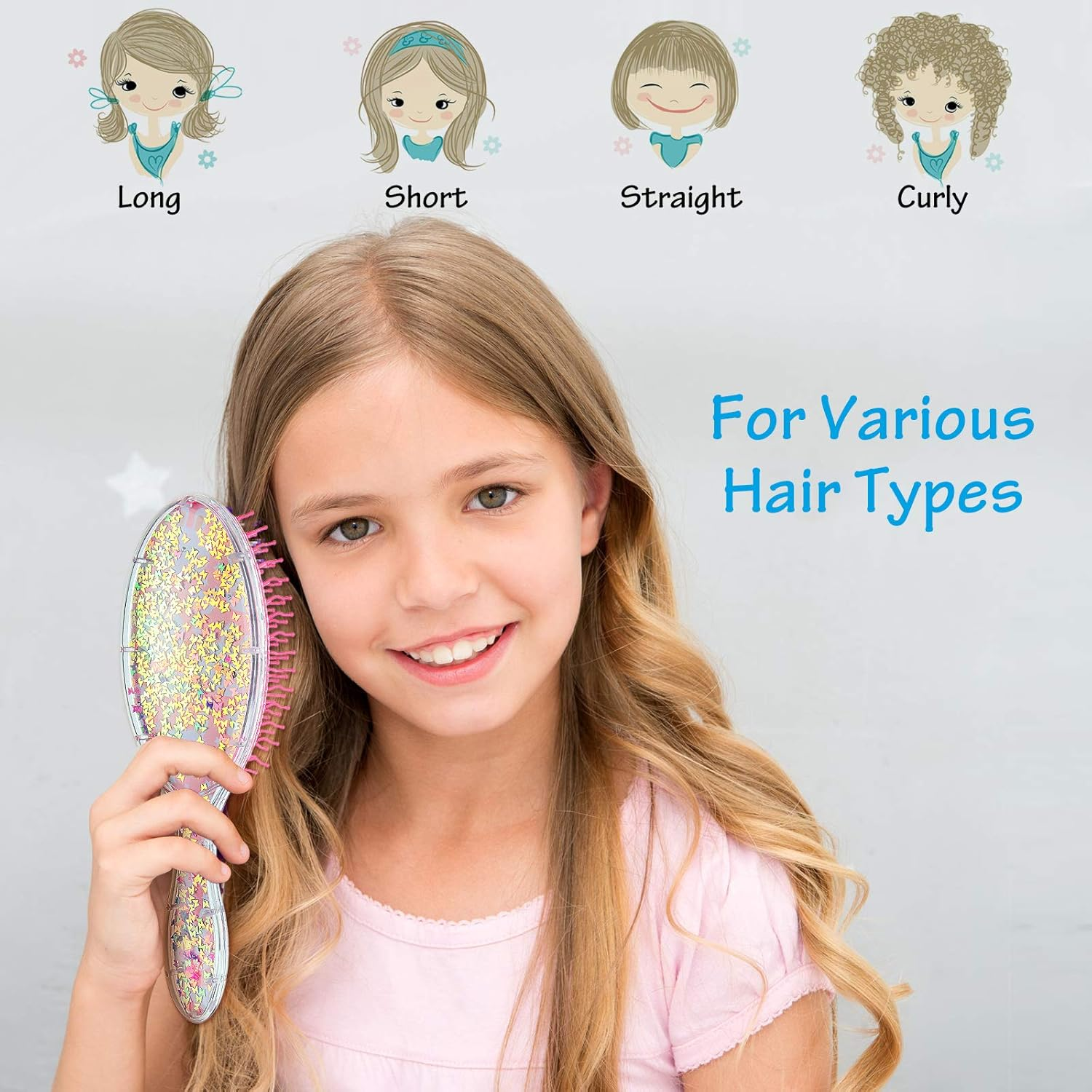 2 Pieces Kids Wet Hair Brush Confetti Glitter Detangler Set Soft Bristles Massage Brush for Baby Kids Girls Christmas Holiday Presents(Rabbit and Unicorn) image number 5