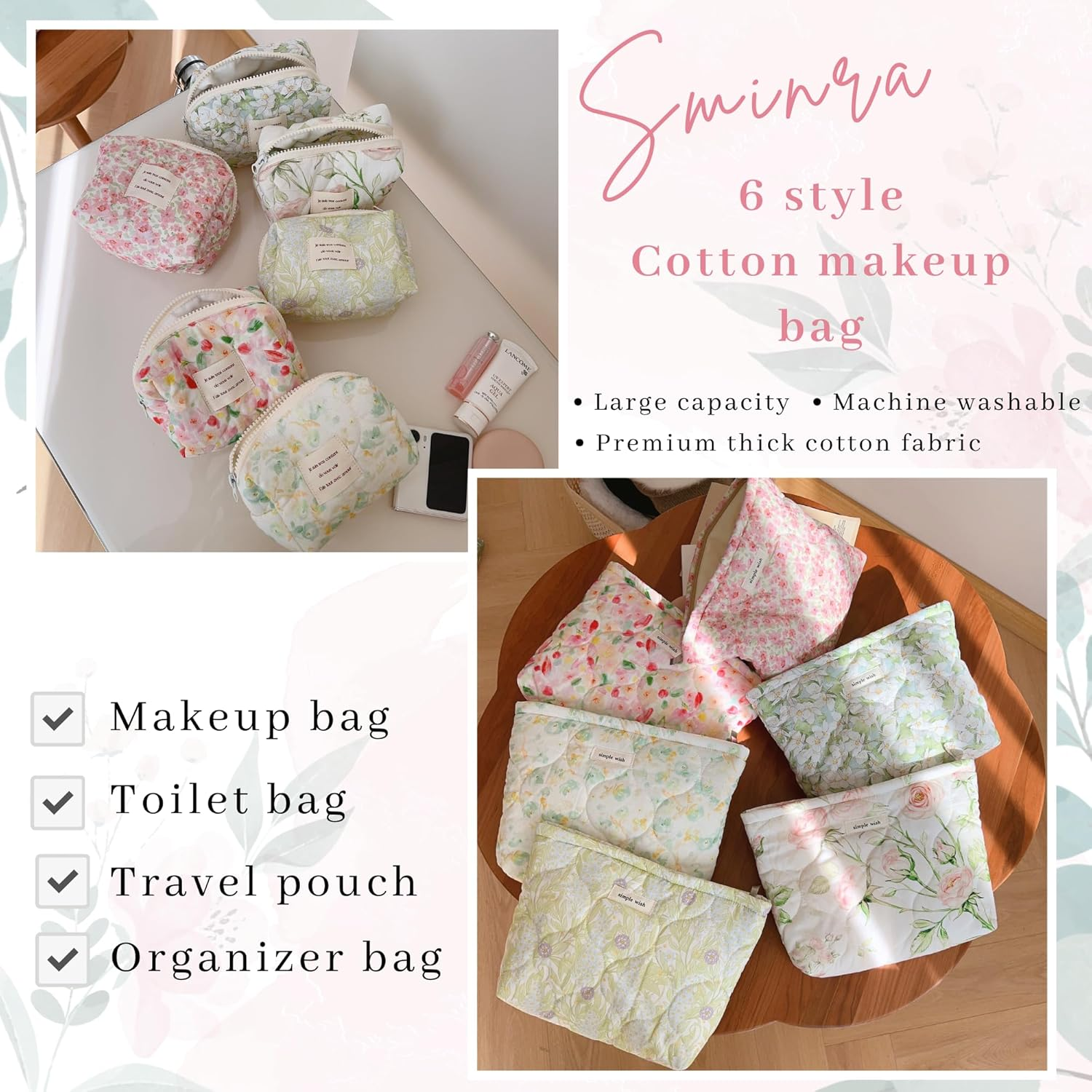 2 Pcs Floral Makeup Bag Large Travel Cotton Quilted Cosmetic Makeup Bag Organizer, Cute Coquette Aesthetic Zipper Portable Pouch Purse Storage Toiletry Bag for Women Girls Accessories, L-Green image number 3
