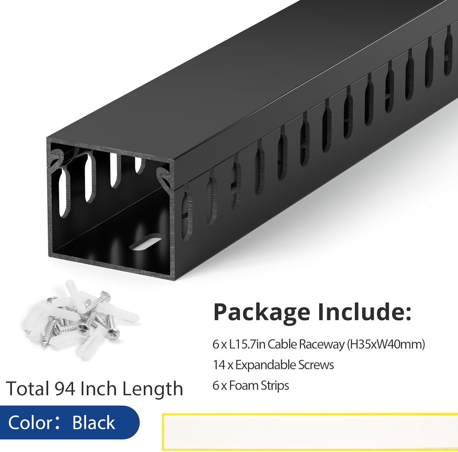 94.5In(6X L15.7In) Professional Server Rack Cable Management Raceway, H1.4 X W1.6In Cable Raceway Kit, Electrically Safe PVC Open Slot Wire Raceway for under Desk/Computer/Network Cords, Black image number 6