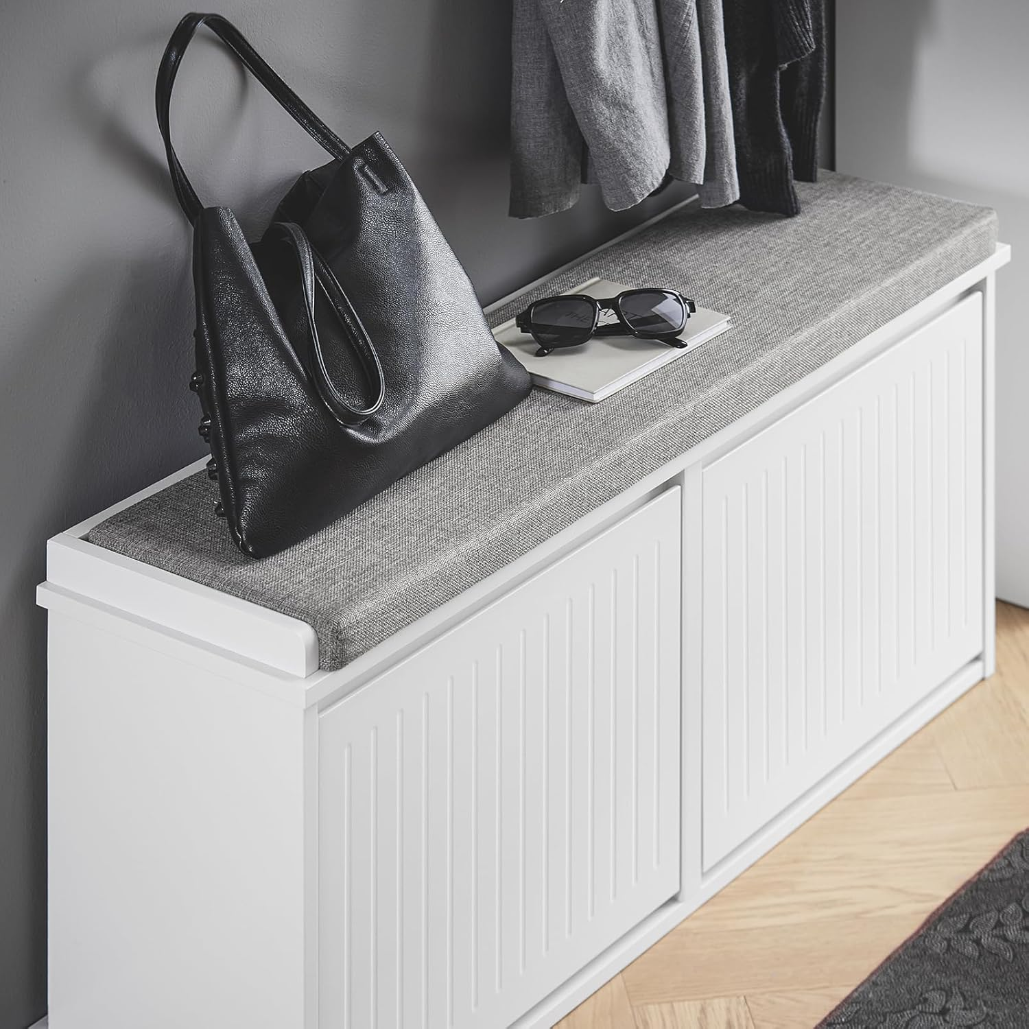 Sobuy Hallway Bench Shoe Cabinet with Seat Cushion and 2 Flip-Drawers FSR98-XL-W image number 4