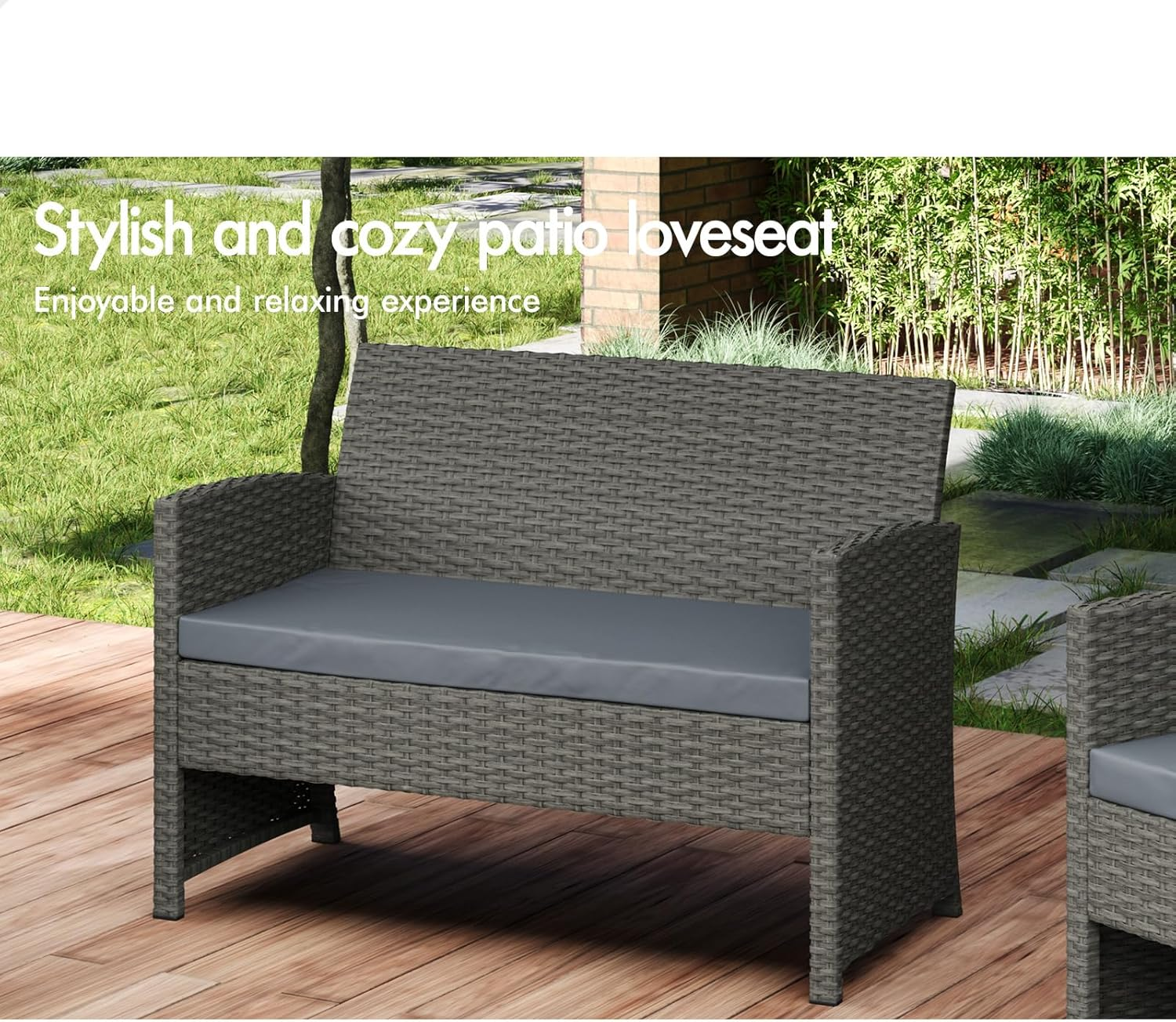 ALFORDSON Outdoor Patio Furniture 4Pcs Conversation Set, Wicker 4 Pieces Lounge Chair & Glass Coffee Table Setting, Steel Frame Garden Rattan Sofa with Cushions and Back Pillows, Dark Grey image number 4