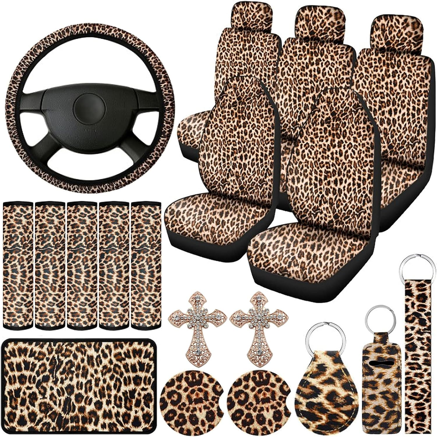 Aulufft 23 PCS Leapord Print Car Assecories, Include Seat Cover Leopard Steering Wheel Cover, Central Control Armrest Pad, Car Coasters and Keychain Holder, Headrest Covers, Ventilation Hole Decor image number 5