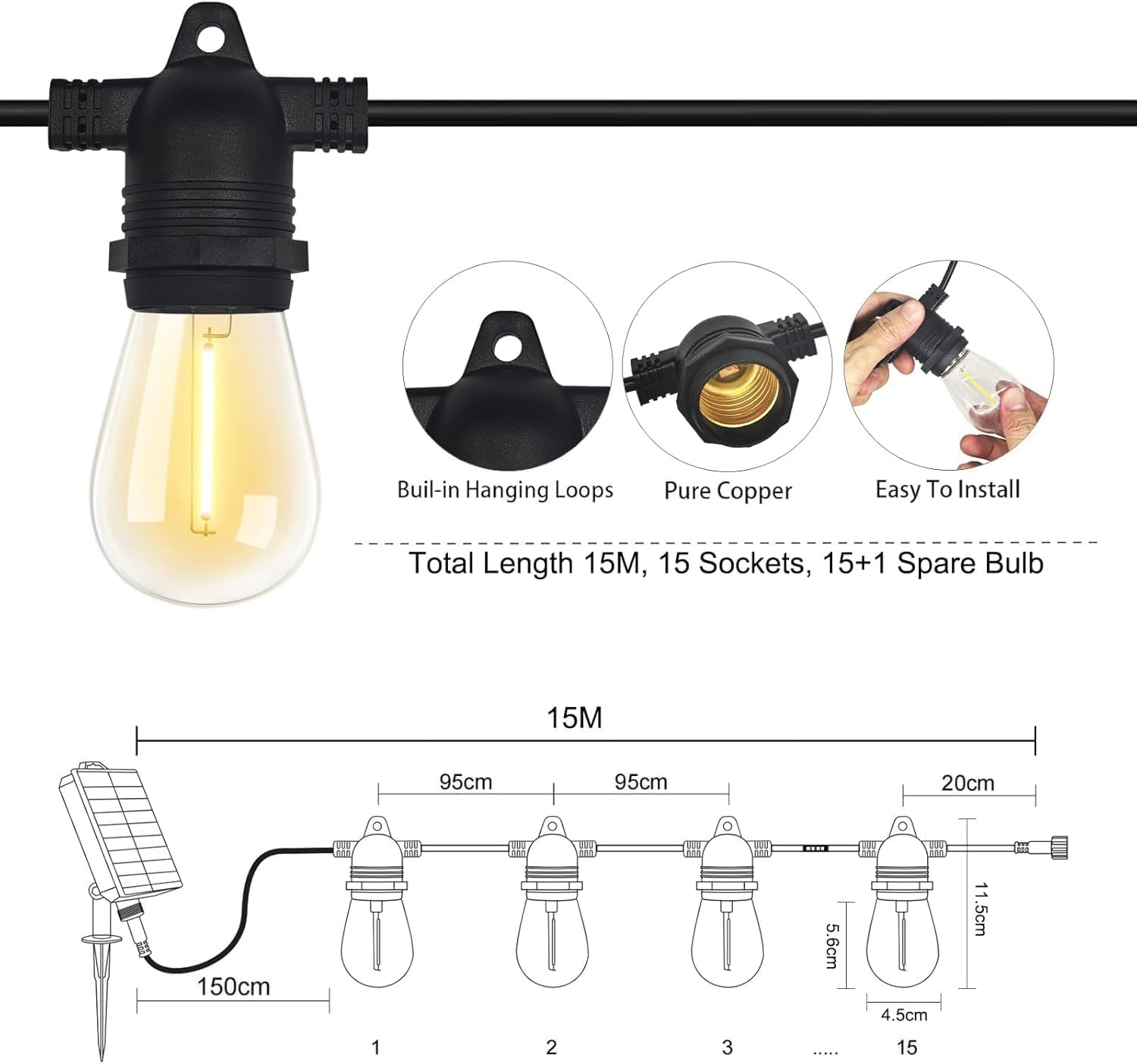 BAMDECOR 15M Solar Festoon Lights Outdoor, 2700K Warm White Solar Powered String Lights with 2400Mah Battery, Festoon Light for Patio Backyard Balcony Gazebo Party Carpor image number 5