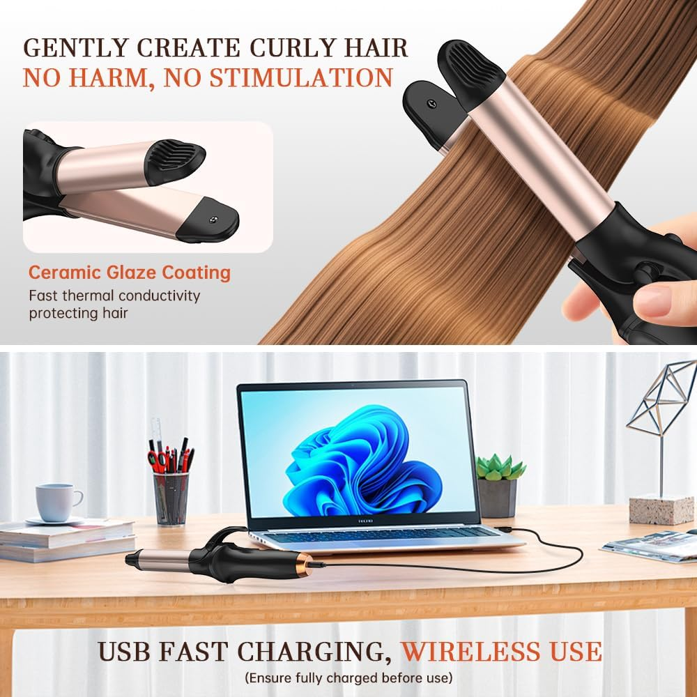 HCRTGAY Curling Iron,Cordless Rechargeable Curling Iron,Cordless Hair Curler(3 Gear),Travel Mini Straightener 4000Mah,Usb Charge Battery Flat Iron and Curler 2 in 1 for Long Short Hair(Small & Black) image number 4