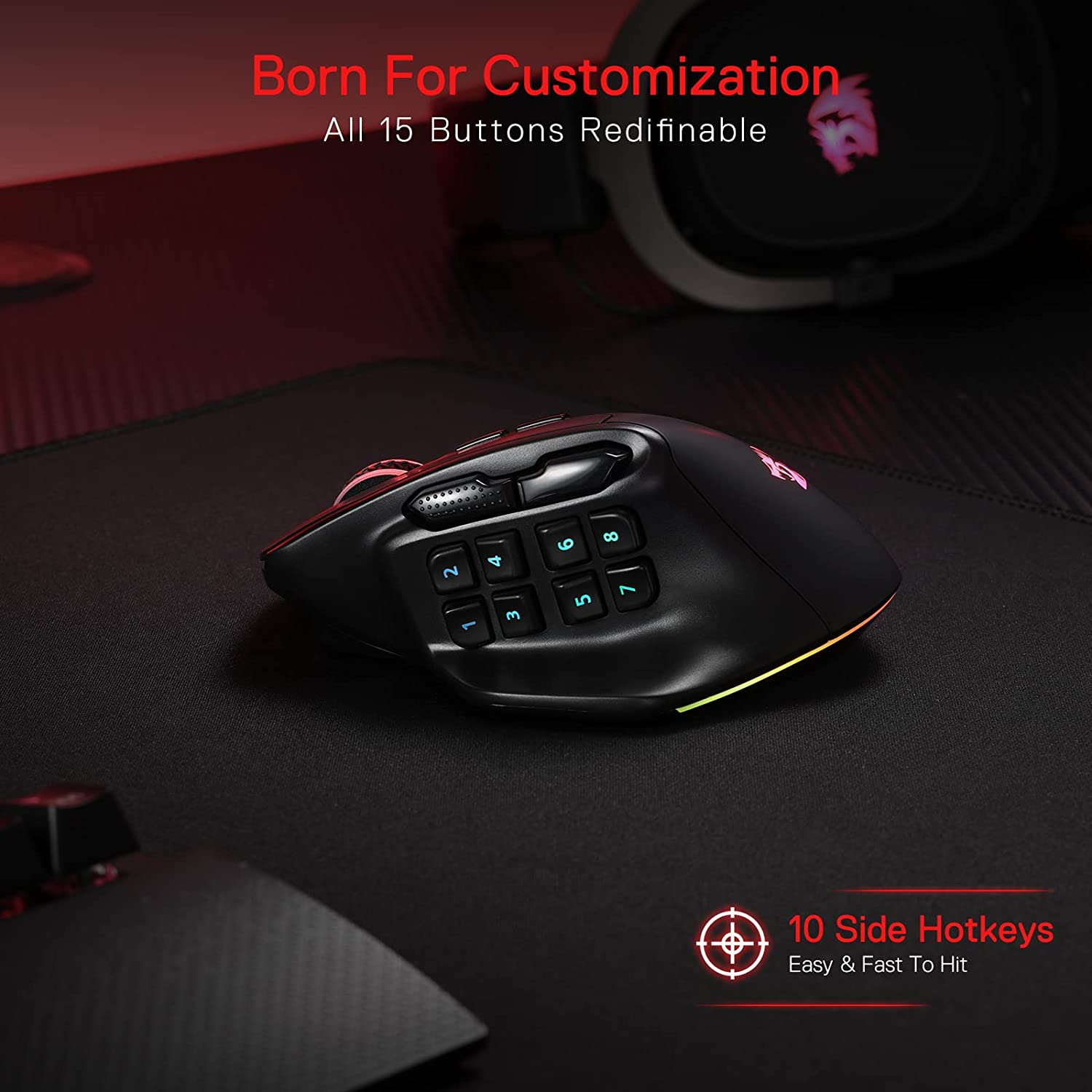 Redragon M811 PRO Wireless MMO Gaming Mouse, 15 Programmable Buttons RGB Gamer Mouse W/Ergonomic Natural Grip Build, 10 Side Macro Keys, Software Supports DIY Keybinds & Backlit image number 4