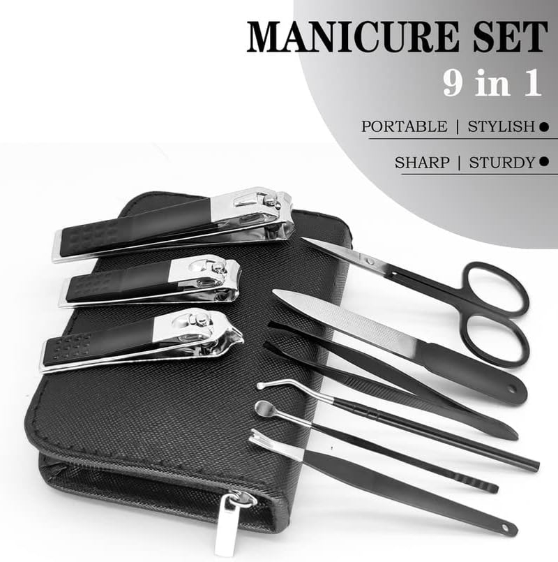 Nail Clippers Manicure Set | 9 in 1 Stainless Steel Professional Nail Care & Pedicure Kit with Zip | Nail Scissors Grooming Kit for Men Women Travel & Home Use Tools （Black） image number 1