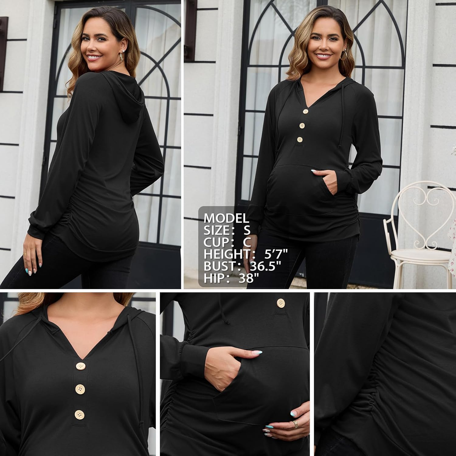 GINKANA Maternity Hoodies Long Sleeves Shirts Half Button Decoration Sweatshirt V Neck Pullover with Pockets Pregnancy Tee image number 4