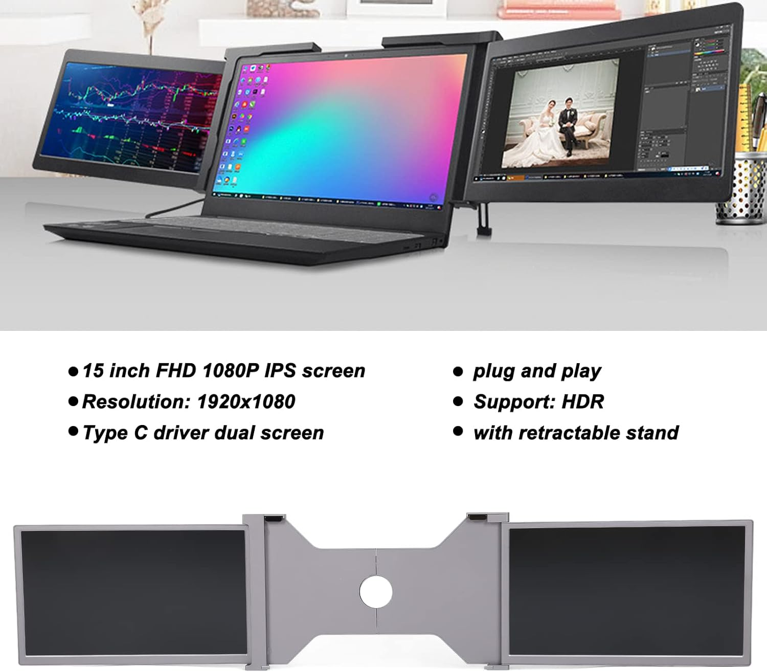 15" Triple Laptop Screen Extender, FHD 1080P IPS Triple Portable Monitor for Dual Screen Display, Folding Triple Screen for 15"-17" Laptop, Multi Modes, Type-C Plug and Play(1#) image number 4