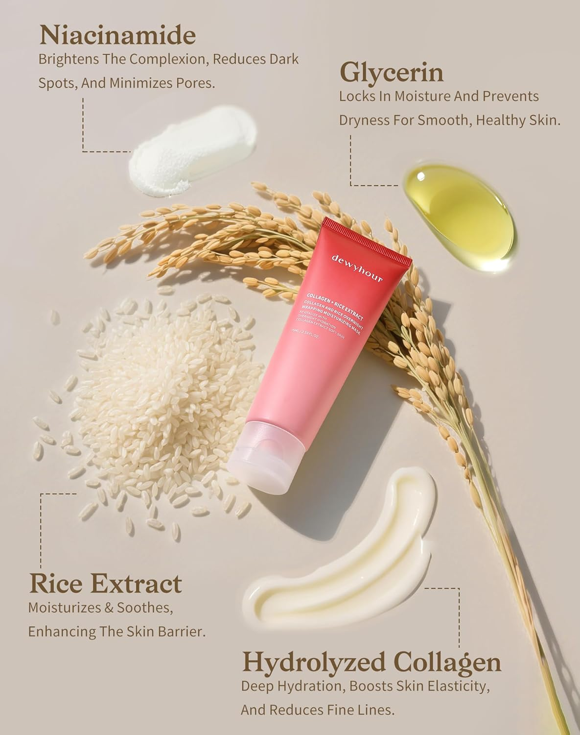 Dewyhour Collagen and Rice Overnight Wrapping Moisturizing Mask: Collagen Face Mask, Hydrolyzed Peel off Mask for Glowing Skin, Elasticity & Hydrating, Rice Extract, 2.53 FL.OZ image number 3