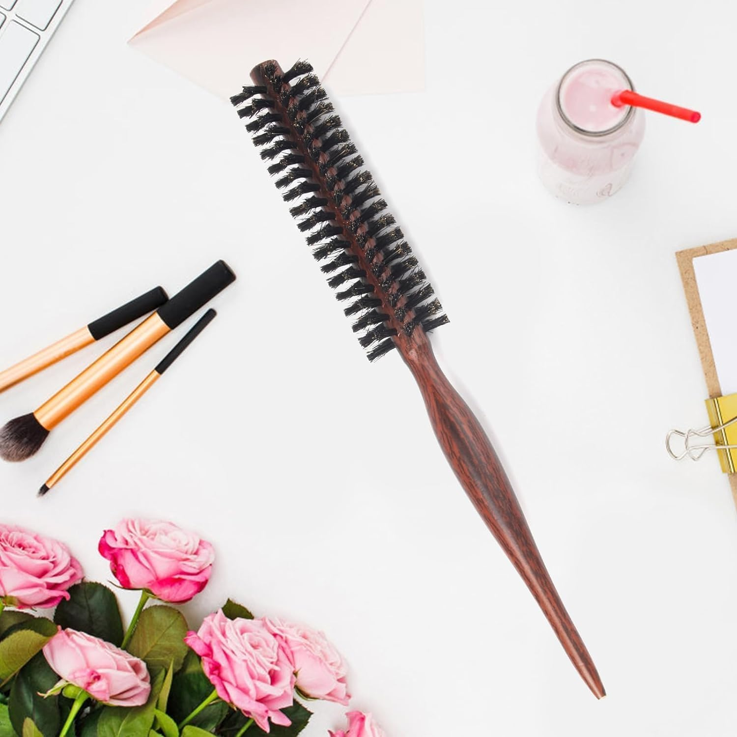 Boar Bristle round Brush, Small Hair round Brush, Portable Natural Bristles, Hair Brush, Travel Brush with Wooden Handle for Short Hair, Thin Long Hair, Mini Beard Brush for Men and Women image number 1