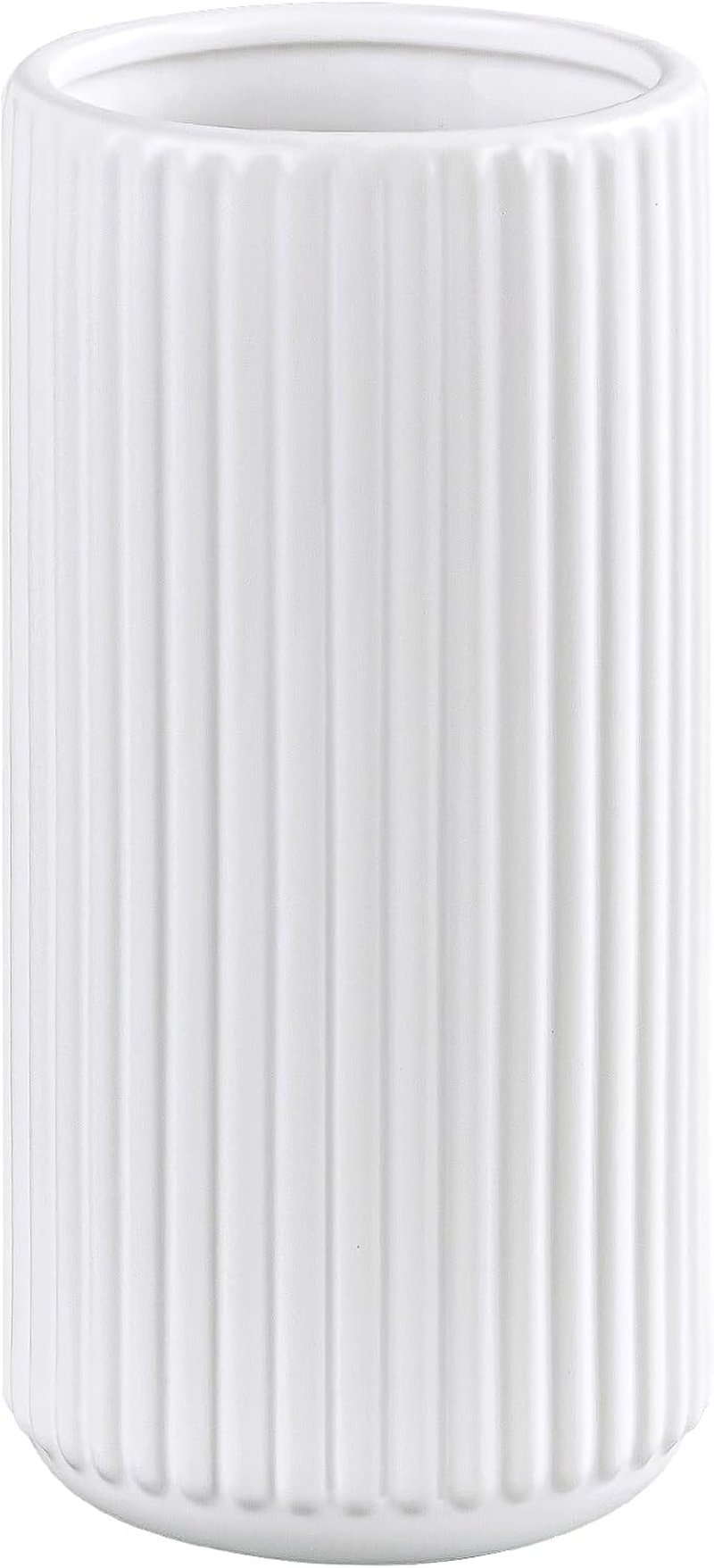 White Ceramic Flower Vase for Pampas Grass, 8 Inch Small Decorative Centerpiece Ribbed Vase for Dining Table, Office Desktop, Shelf Bookshelf, Mantel, Entryway, Bathroom, Countertop, Farmhouse, Gift