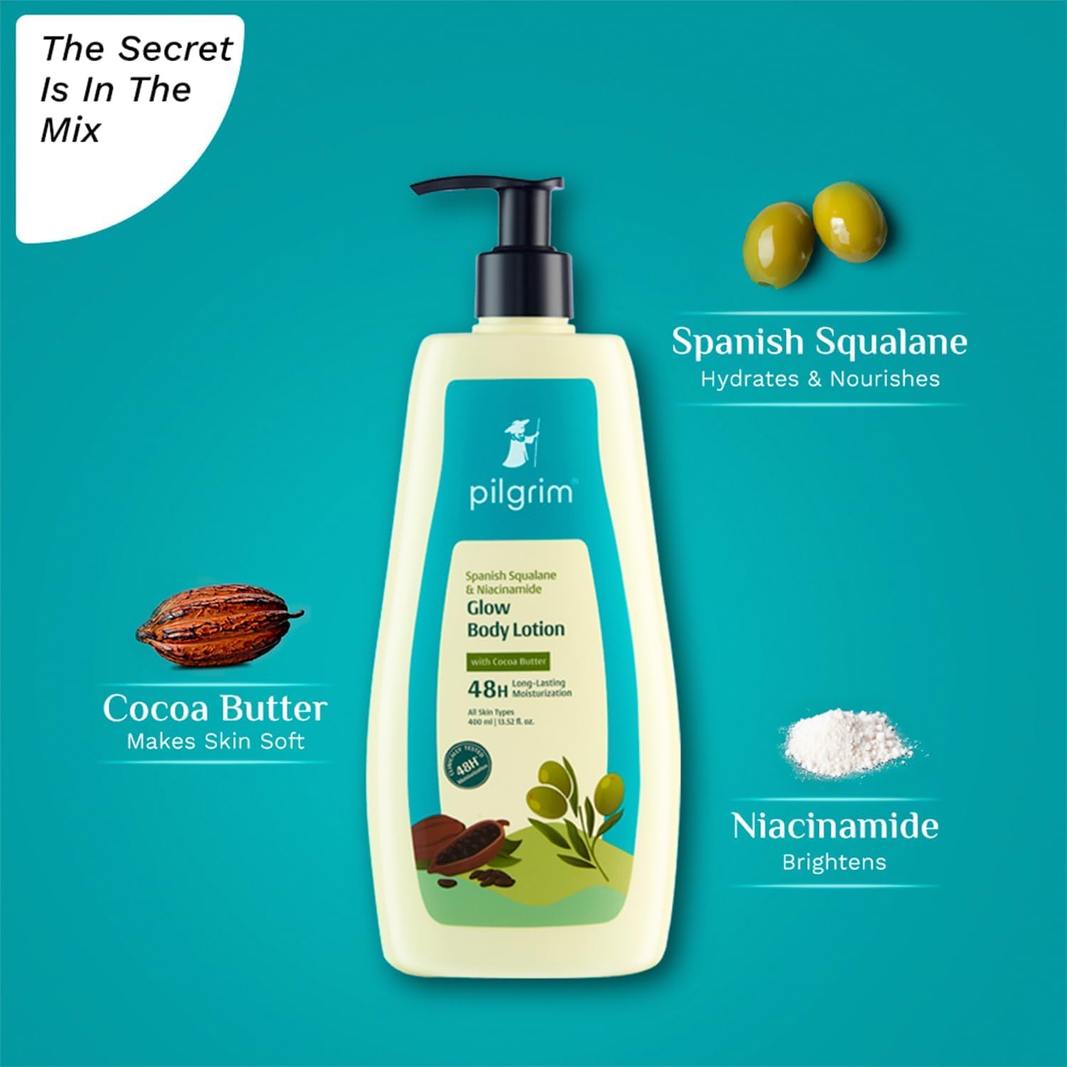Pilgrim Spanish Squalane Body Lotion, 400Ml, Niacinamide and Cocoa Butter, 48-Hour Moisturising, Non-Greasy image number 3