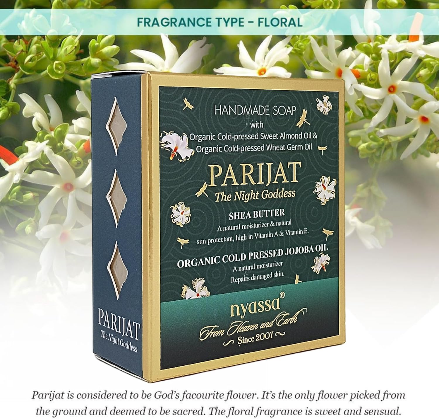 Nyassa Parijat Night Blooming Jasmine Handmade Soap 150Gm with Turmeric and Shea Butter. Paraben Free, Cruelty Free and 100% Vegetarian. image number 3