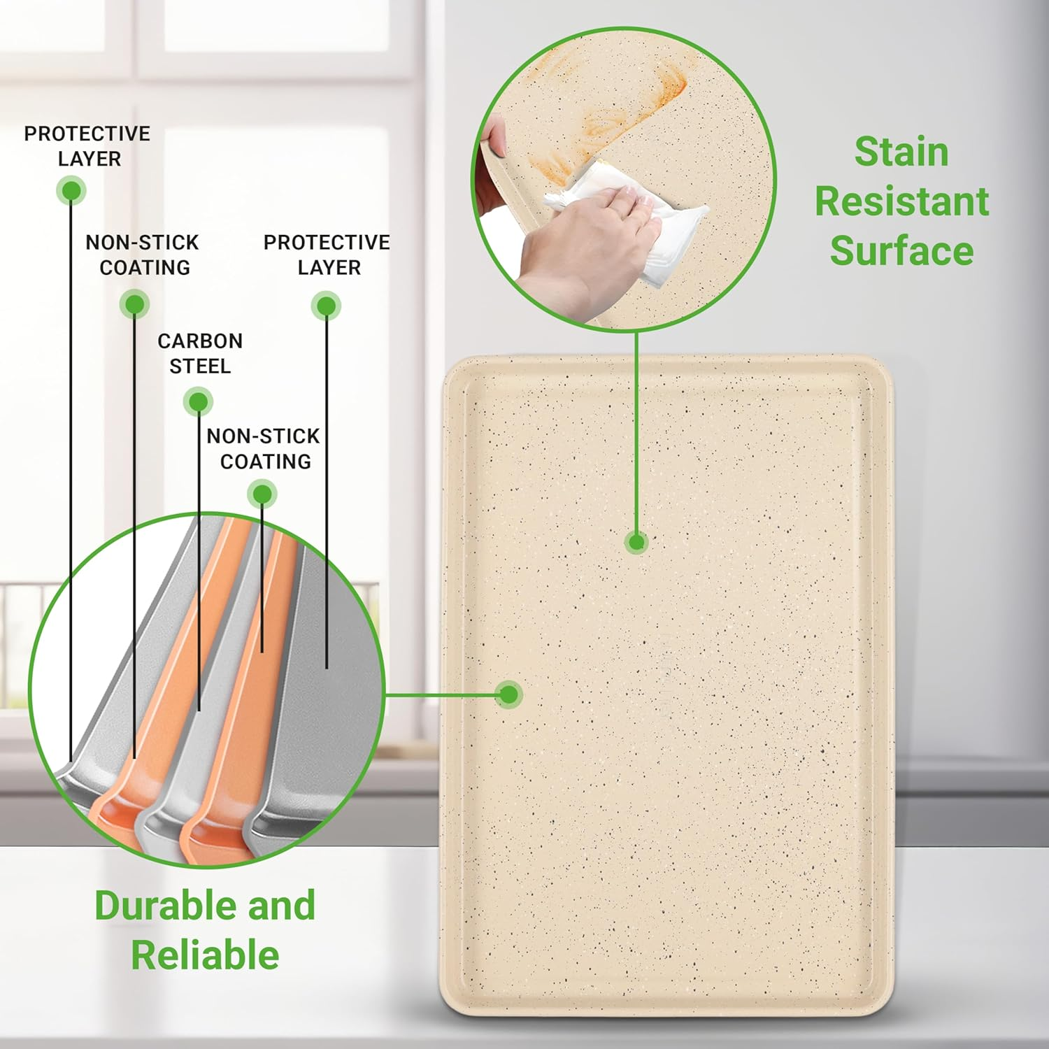 Nutrichef 8-Piece Stackable Bakeware Set, Carbon Steel Non-Stick Baking Pan Set, Includes Sheet, Muffin, Round, Loaf, Square Cake & Deep Pans, PFOA & PFOS Free, Oven Safe to 232&deg; F (Marble Cream) - Black Marble image number 6