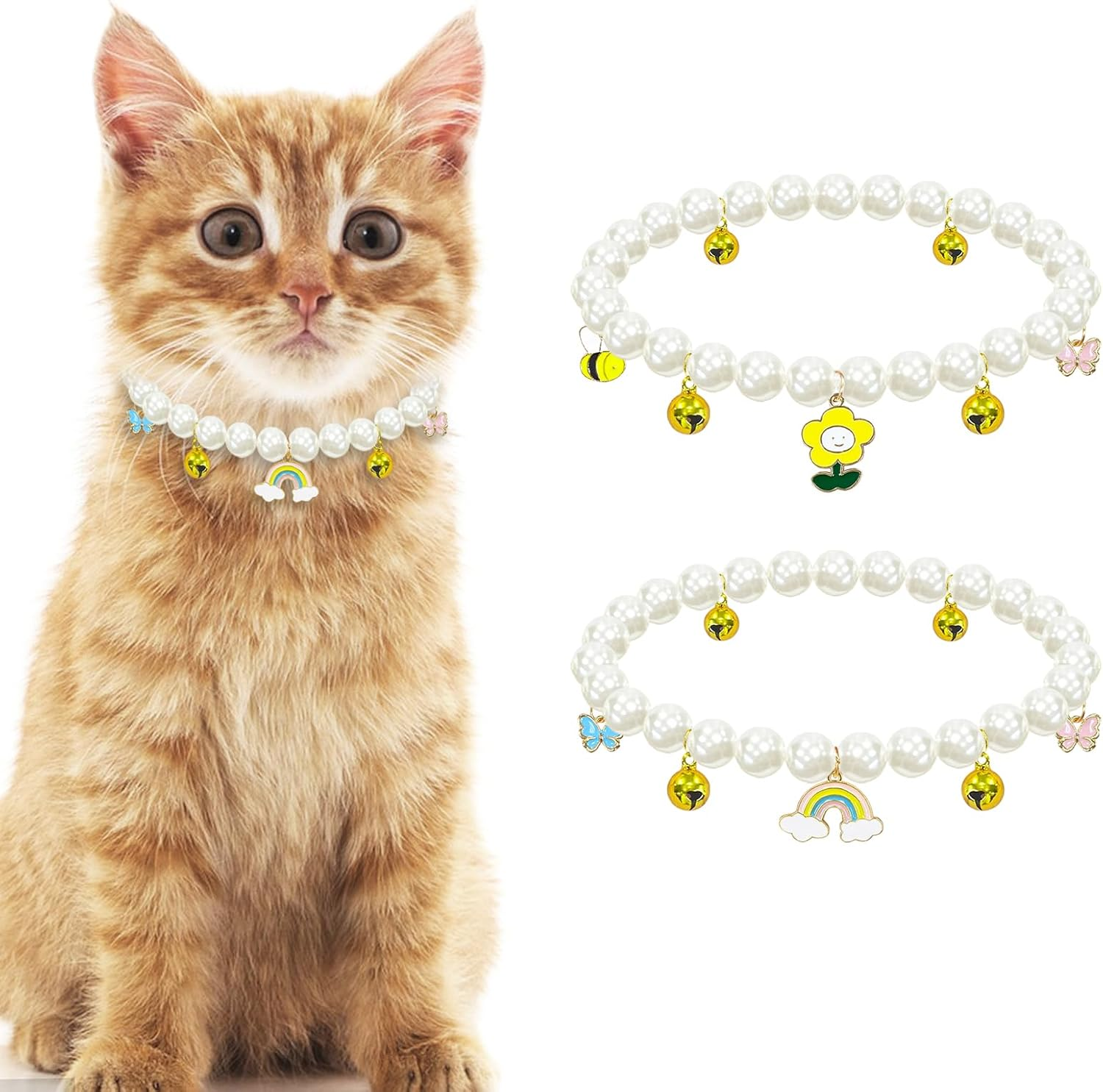 Yanmucy Cat Collar with Bell Pearl Pet Cats Dog Necklace Collar Accessories Necklace Jewellery for Kittens Small Pets Wedding Party Costume Outfits image number 5