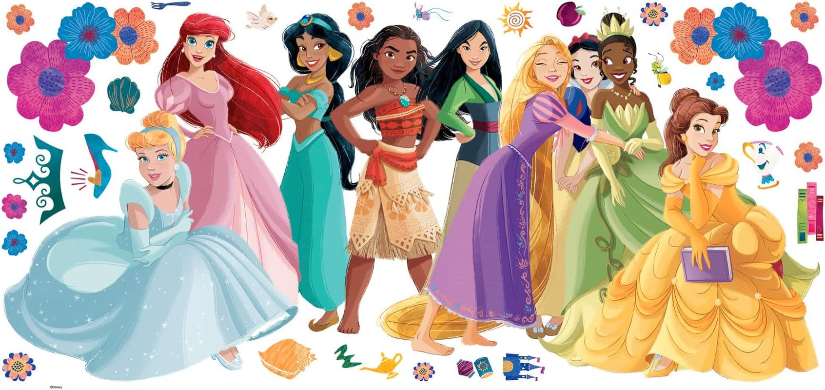 Roommates RMK5330GM Disney Princess Flowers and Friends Giant Peel and Stick Wall Decals, Red, Orange, Yellow, Green, Blue, Purple, Black, Brown, Pink