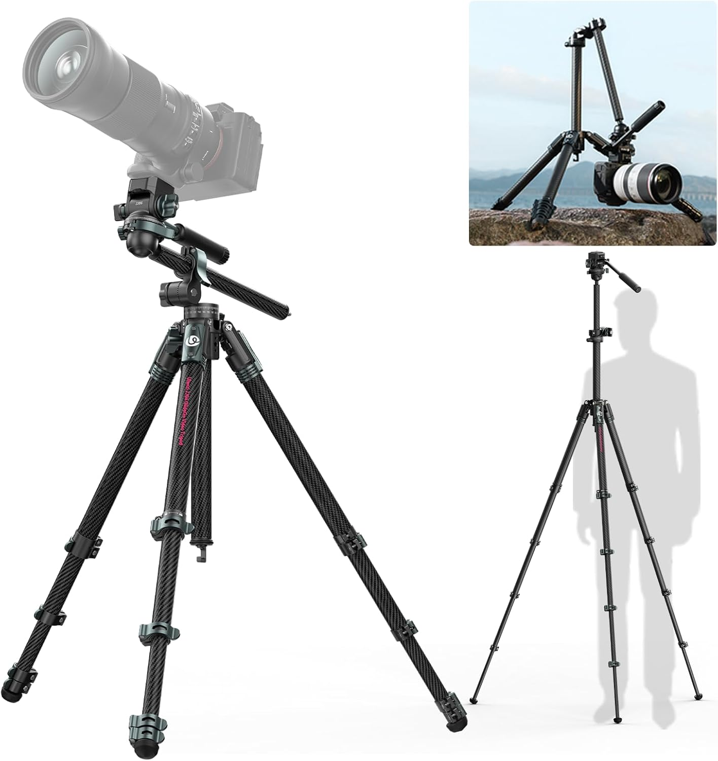ULANZI JJ06 Glidego Camera Tripod, 73.6"/187Cm Lightweight Carbon Fiber Travel Tripod with 360&deg; Ballhead, Horizontal Video Tripod W Central Column, for Cameras/Dslr/Camcorder, Maxload 18Kg/39.6Lbs image number 6
