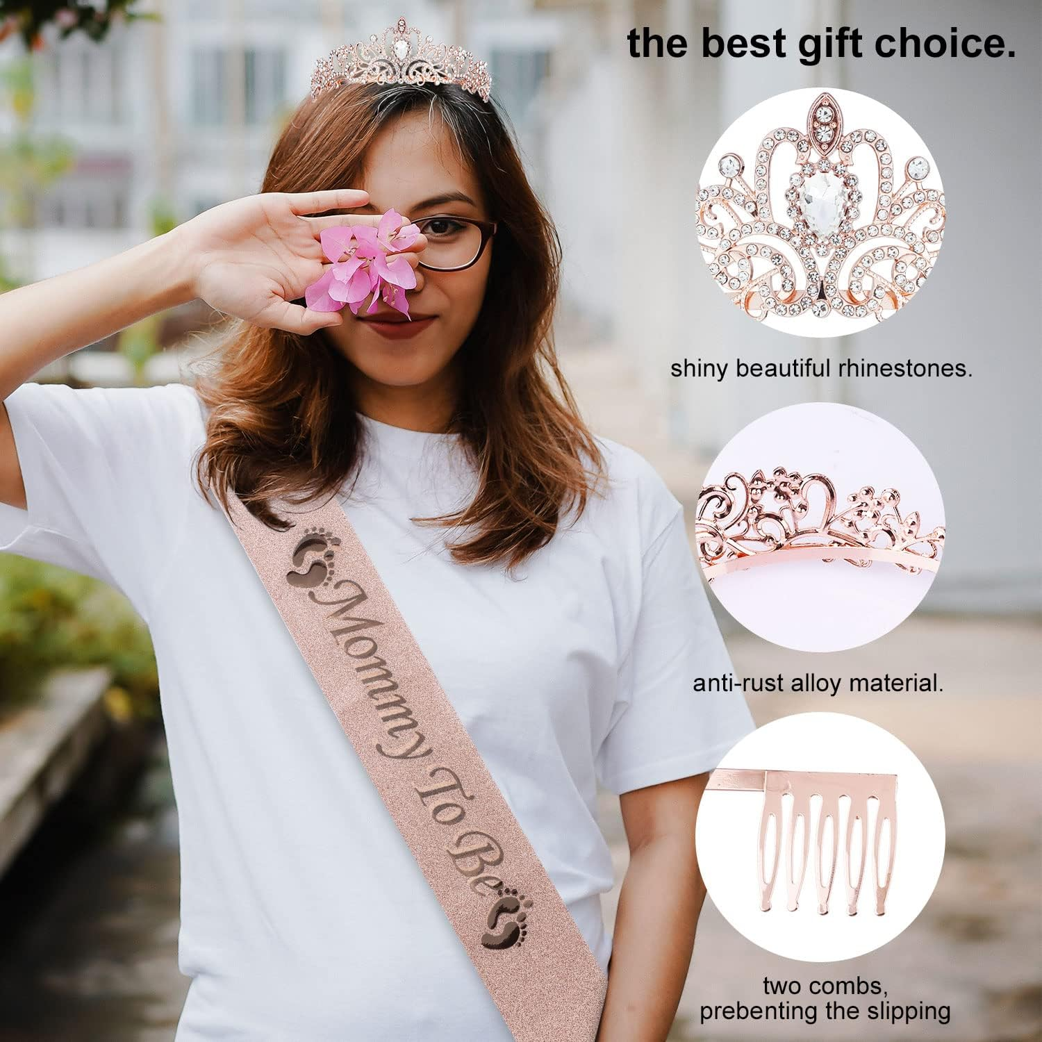SAVITA Mom to Be Baby Shower Decorations - Mommy Sash and Tiara Set with Crown for Pregnant Mom (Rose Gold)