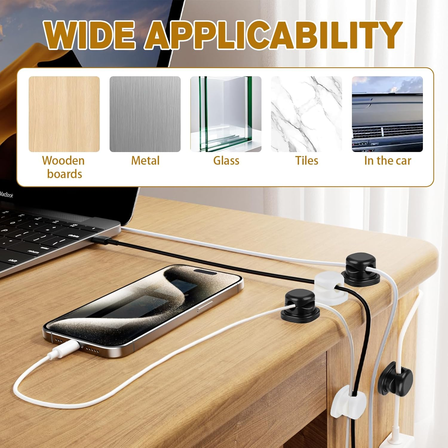 360&deg; Rotatable Cable Organiser 6Pack - ABS Spring Cord Clips, Acrylic Adhesive Cable Holder, Desk Management under Desk, Compact Tidy for Room Office Usb/Charging Wires (Black and White Combination)