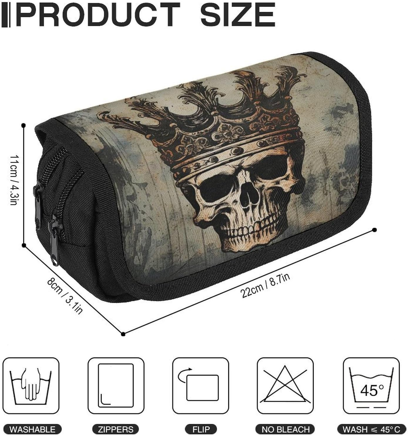 JTKBNVM Large Capacity Elegant Skull Crown Pencil Bags Personalized Pencil Pouch with 3 Compartment Zippered Pencil Bag Portable Makeup Cosmetic Bag for Women Men Office Supply Pen Pouch Case image number 2