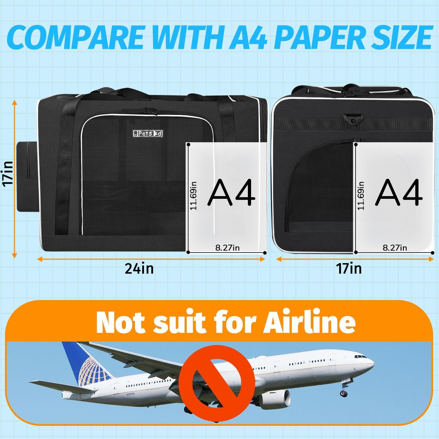 Petskd 24"X17"X17" Pet Carrier for Large Cats or Medium Dogs - Car Travel Carrier with Litter Box, Bowl, and Locking Zipper image number 6