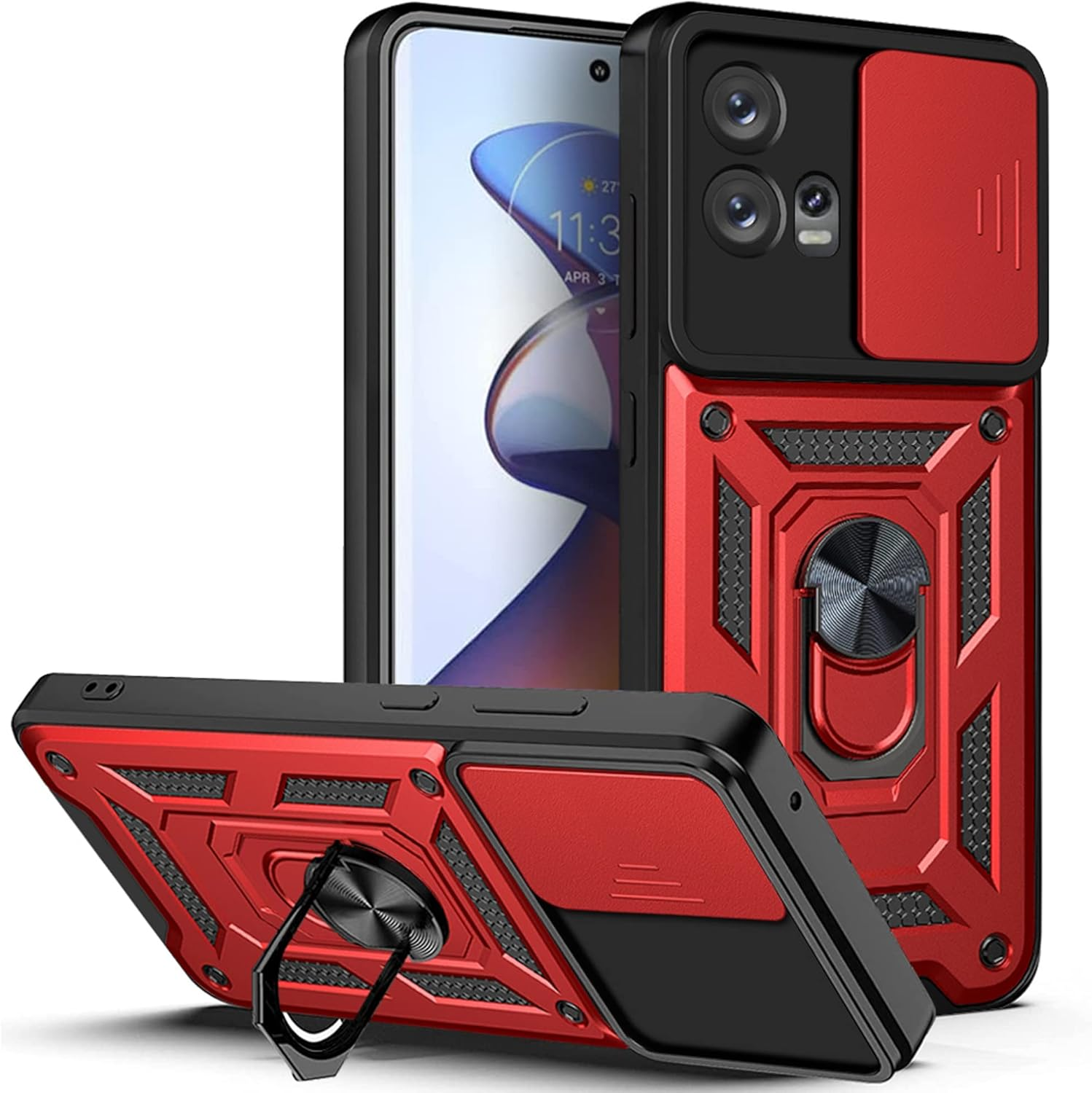 ESTH&reg; Case for Motorola Edge 30 Fusion with Slide Camera Cover, Military Grade Shockproof Protective Cover with Rotatable Metal Ring Kickstand [Support Magnetic Car Mount], Red image number 2