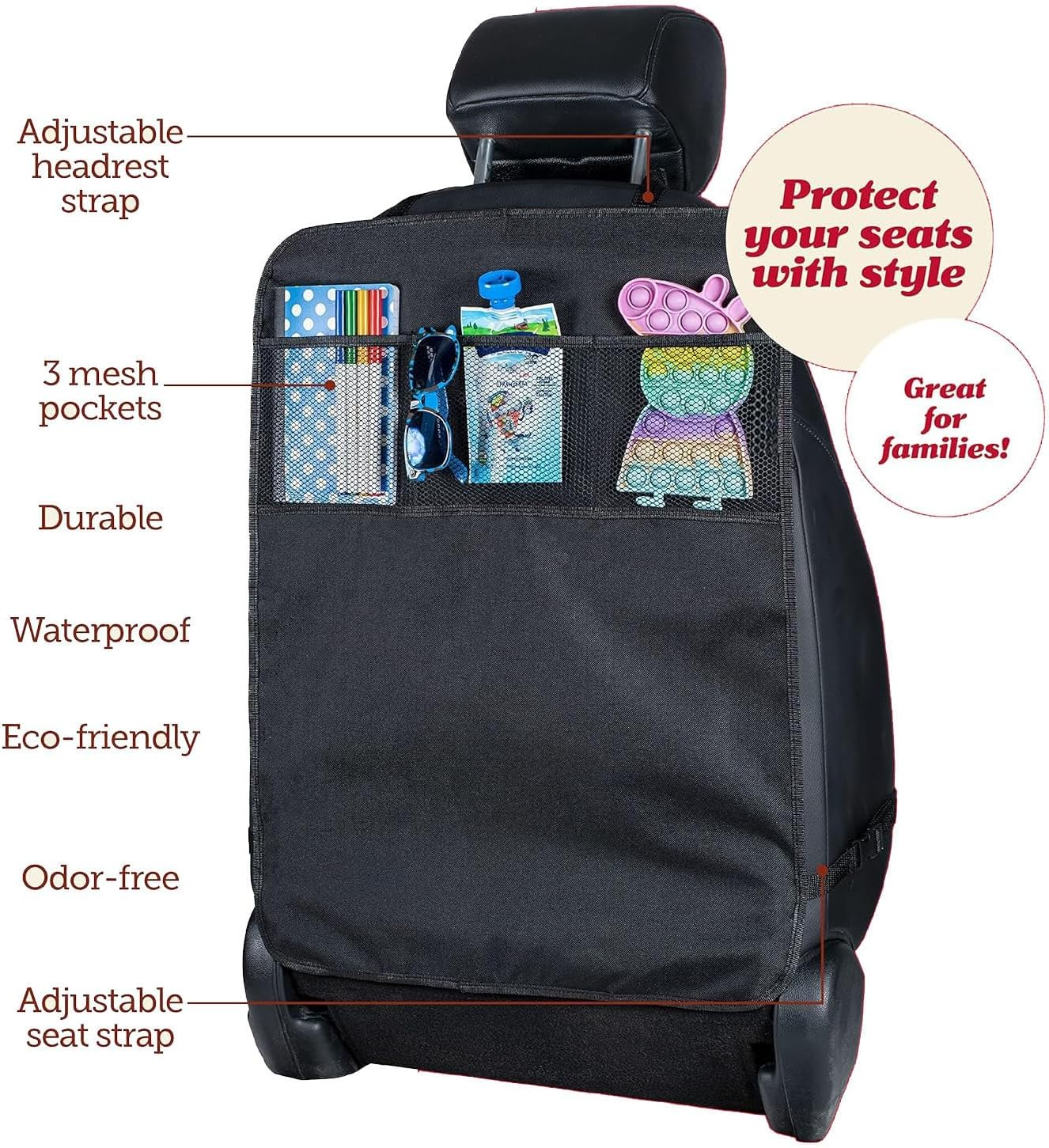 2 Pack Kick Mat Seat Protector,Back Car Seat Organiser X-Large 70 X 50Cm,Car Storage Organizer Backseat Protectors,3 Pocket Seat Back Kick Mats Cover for Car, SUV, Minivan or Truck Seats image number 1