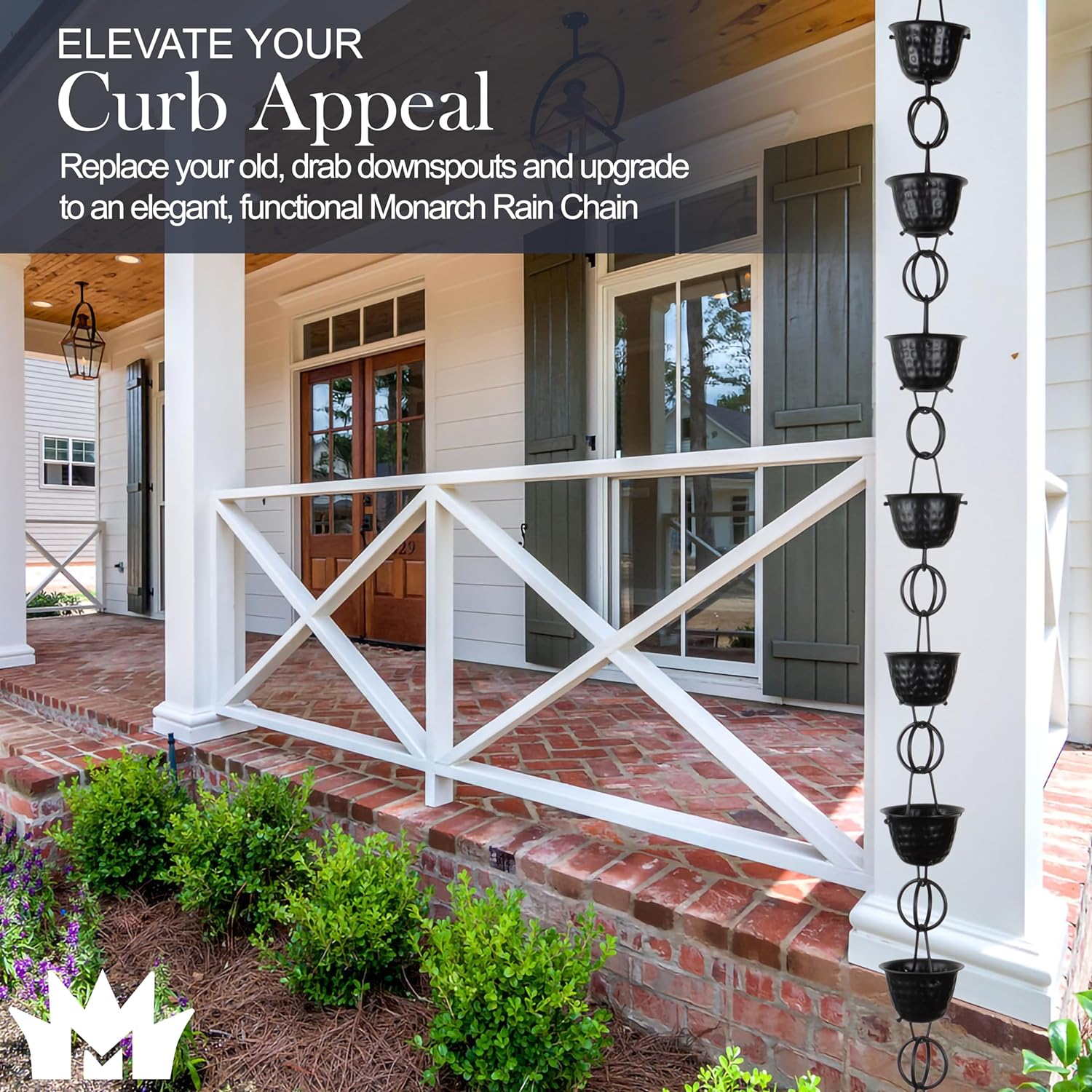 Monarch Rain Chains 18106 Aluminum Hammered Cup Rain Chain, 8-1/2 Feet Length Replacement Downspout for Gutters, Black image number 2