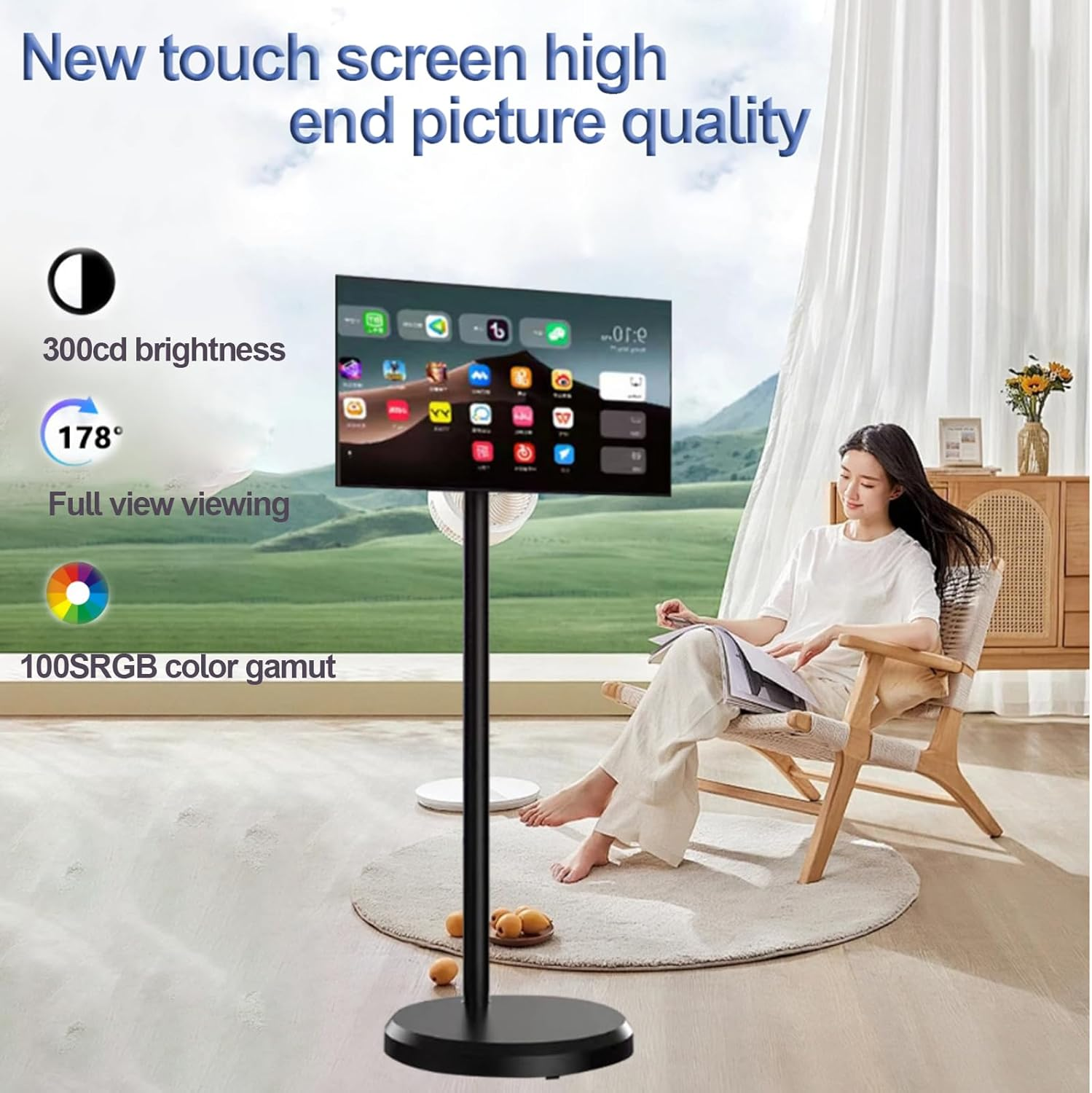 Portable TV on Wheels,Rotating Touchscreen Monitor,Tablet Screen with Base,Standbyme Rolling TV 64G/Black image number 2