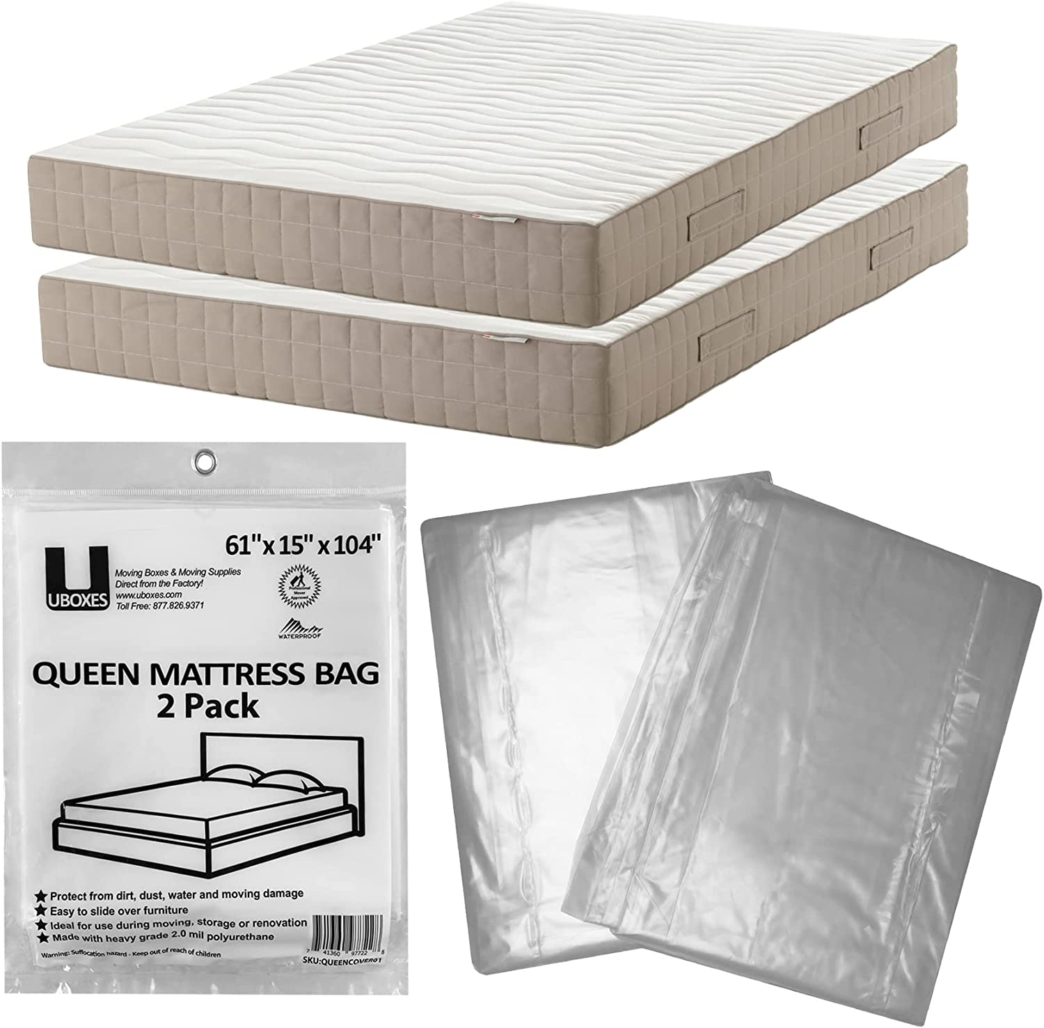 UBOXES Queen Size Mattress Covers/Bags 61" X 15" X 104" Moving Supplies (QUEENCOVER02)