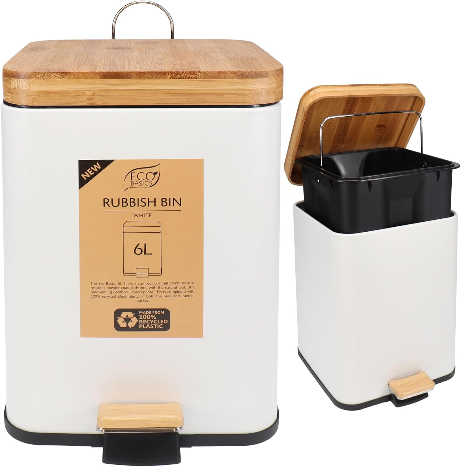 Eco Basics Square Rubbish Bin 6L, White &ndash; Eco-Friendly Waste Bin with Recycled Plastic, Bamboo Lid & Pedal, Soft Close, Compact Design for Toilets, Kitchens, Living Rooms & Small Spaces, 30X26X20Cm image number 4
