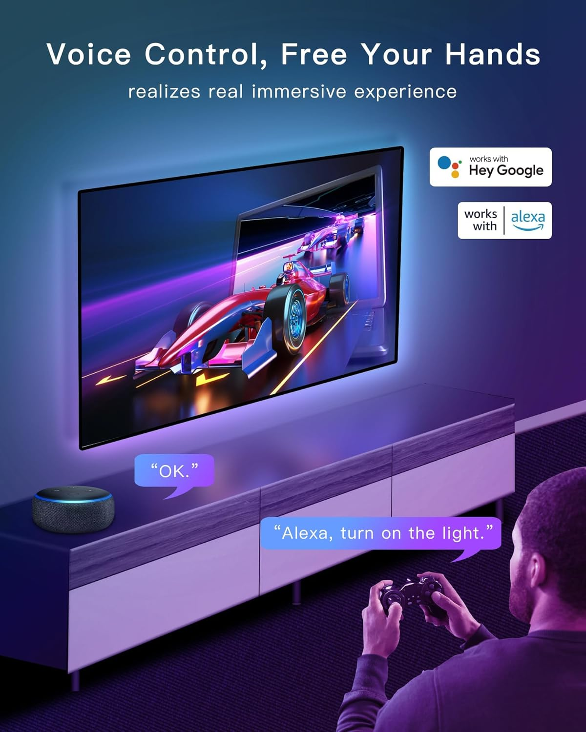 Azoula - 55-65 Inch TV Backlight LED Strip Lights, HDMI 2.0 Sync Box RGB+IC Wi-Fi, Music Sync Backlight, Compatible with Alexa Google Assistant App Contro image number 3